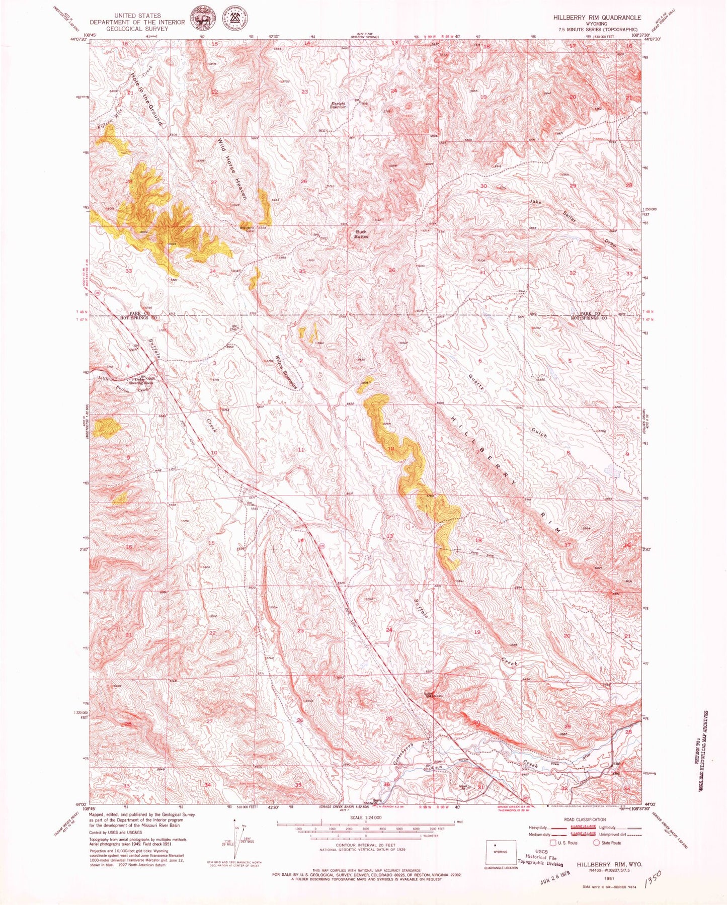Classic USGS Hillberry Rim Wyoming 7.5'x7.5' Topo Map Image