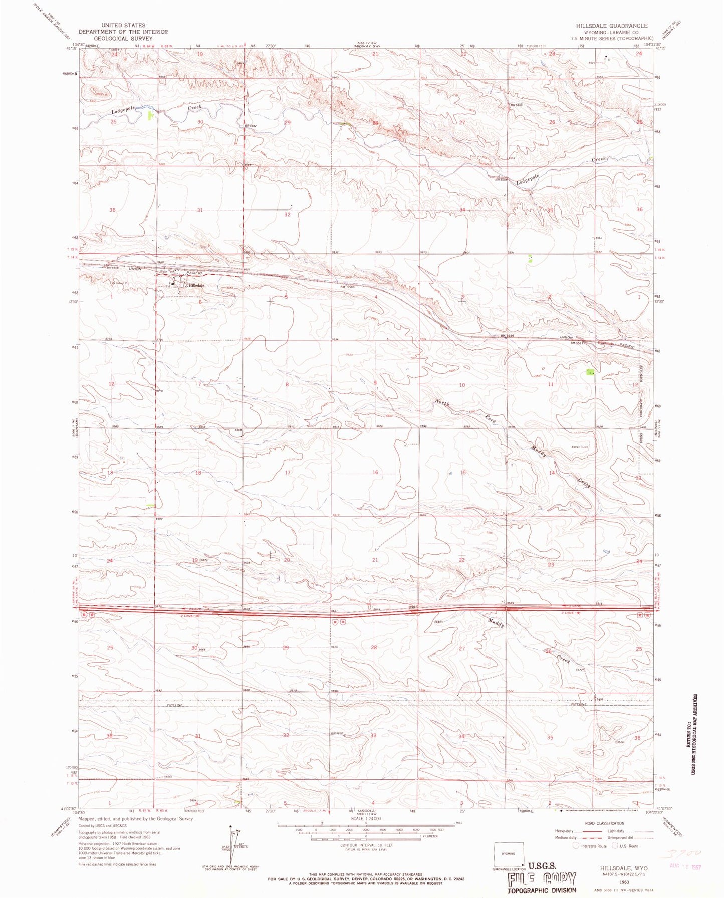 Classic USGS Hillsdale Wyoming 7.5'x7.5' Topo Map Image