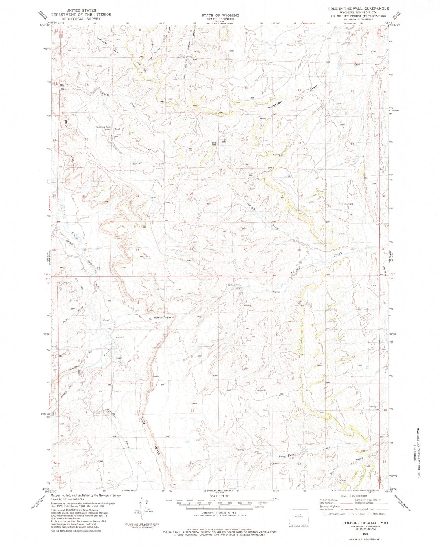 Classic USGS Hole-in-the-Wall Wyoming 7.5'x7.5' Topo Map Image