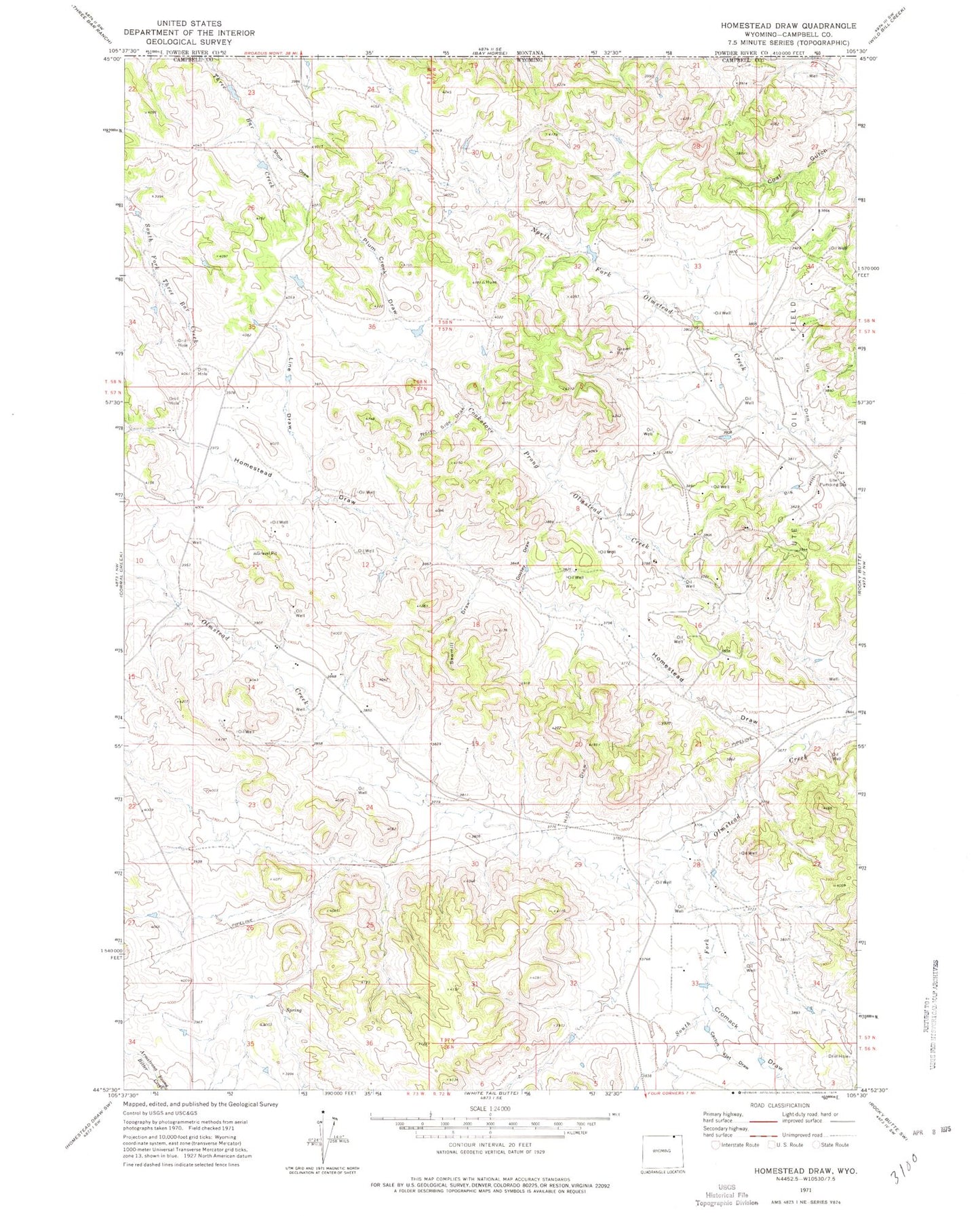 Classic USGS Homestead Draw Wyoming 7.5'x7.5' Topo Map Image