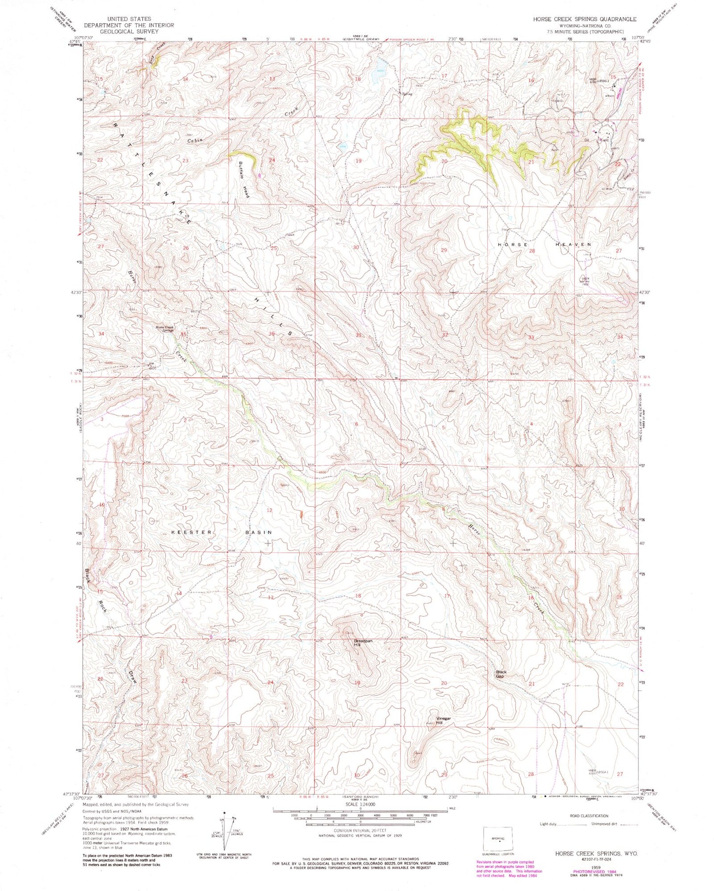 Classic USGS Horse Creek Springs Wyoming 7.5'x7.5' Topo Map Image
