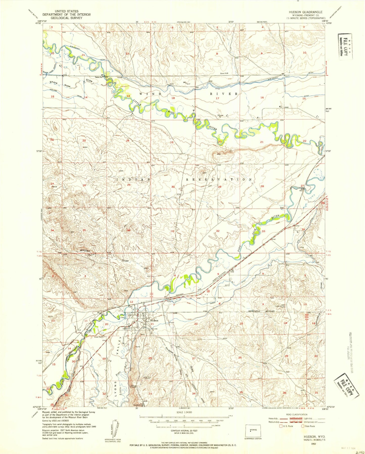 Classic USGS Hudson Wyoming 7.5'x7.5' Topo Map Image