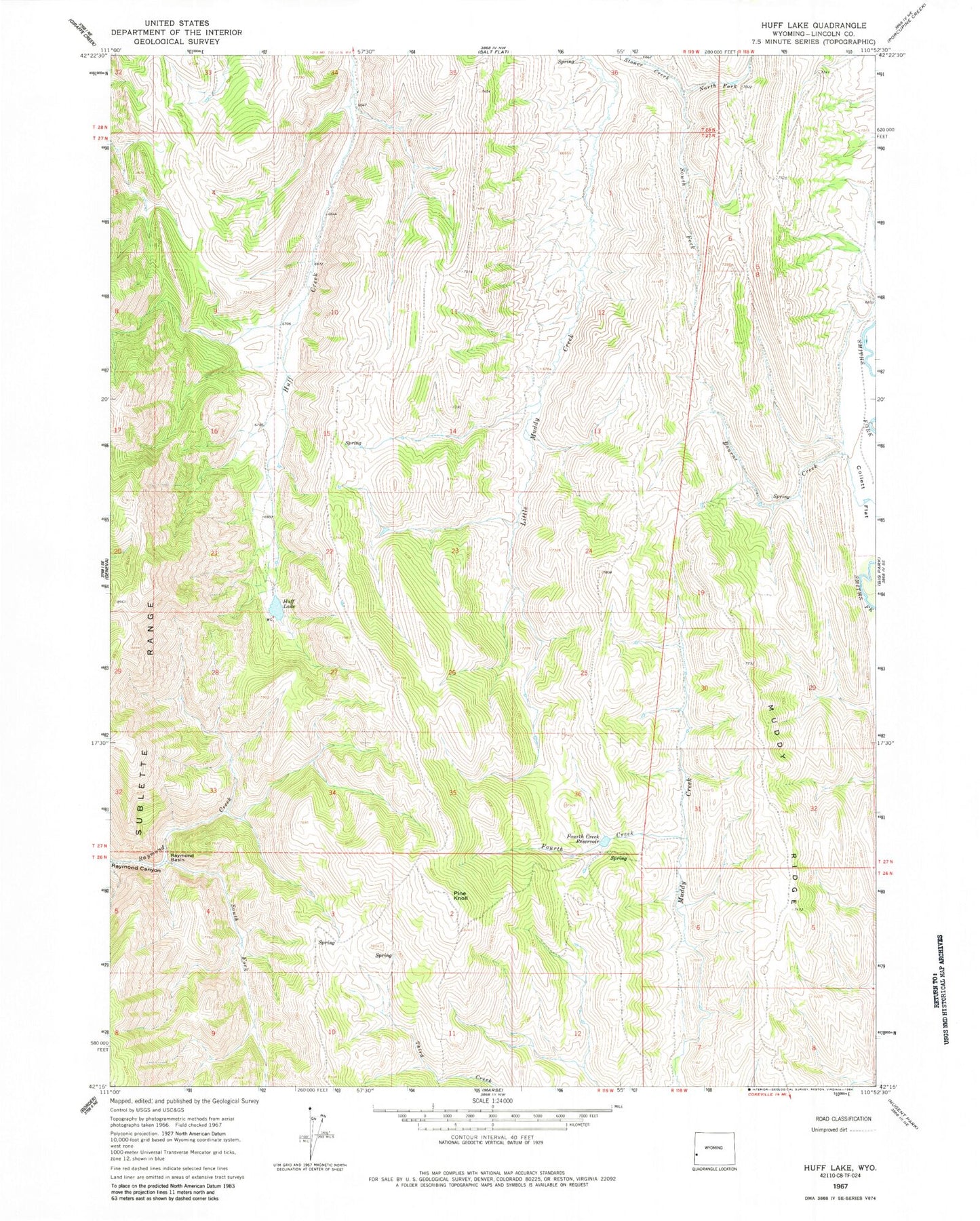 Classic USGS Huff Lake Wyoming 7.5'x7.5' Topo Map Image