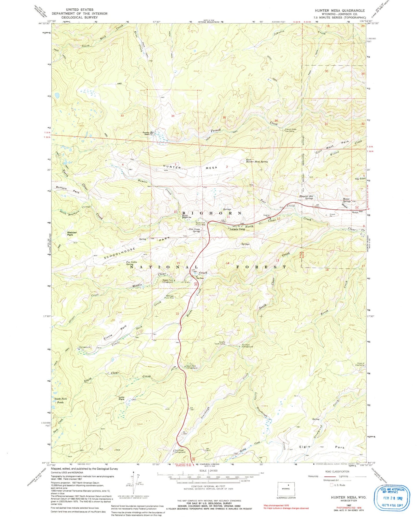 Classic USGS Hunter Mesa Wyoming 7.5'x7.5' Topo Map Image