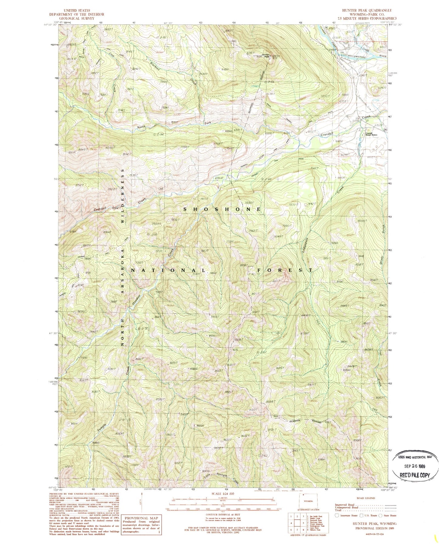 Classic USGS Hunter Peak Wyoming 7.5'x7.5' Topo Map Image