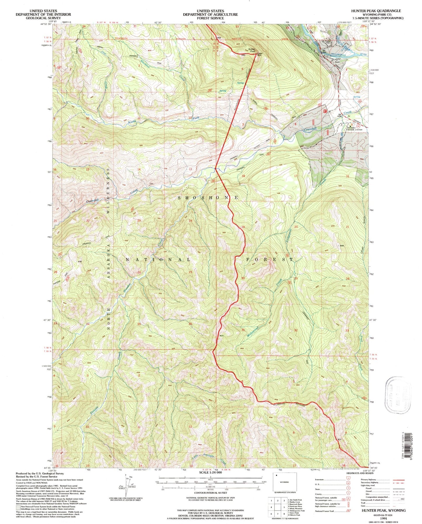 Classic USGS Hunter Peak Wyoming 7.5'x7.5' Topo Map Image