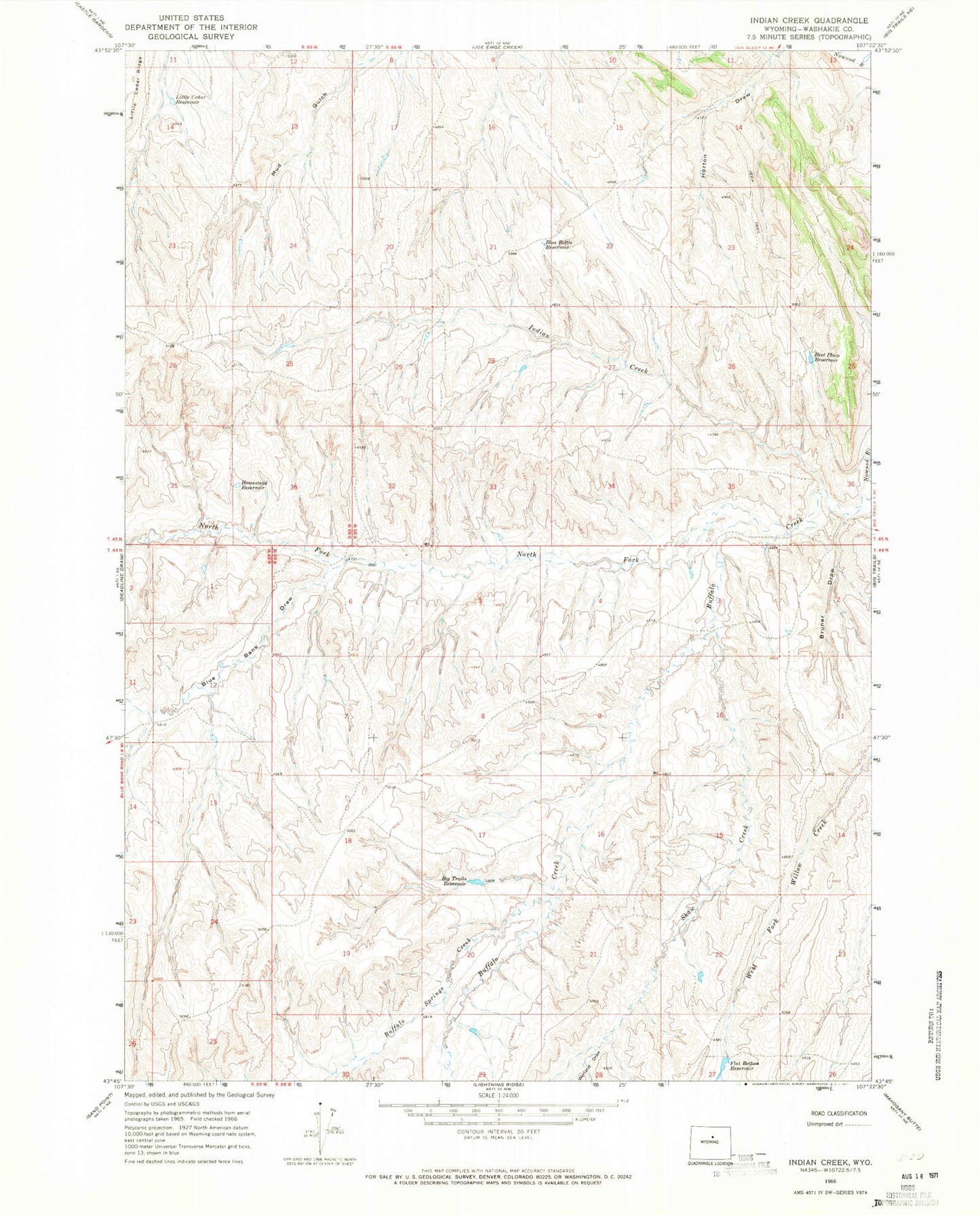 Classic USGS Indian Creek Wyoming 7.5'x7.5' Topo Map Image