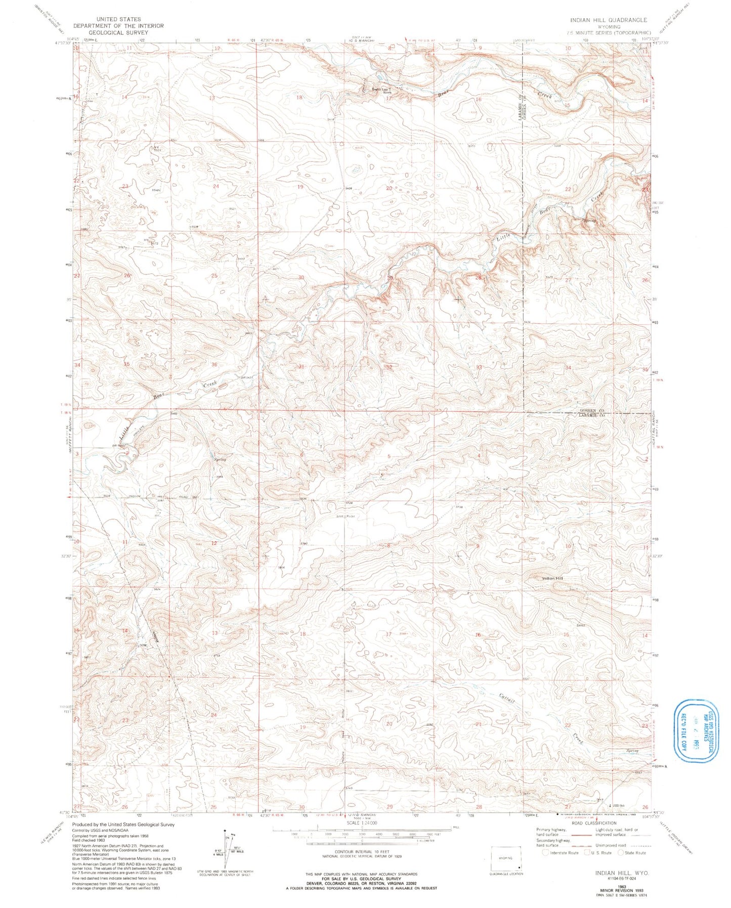 Classic USGS Indian Hill Wyoming 7.5'x7.5' Topo Map Image