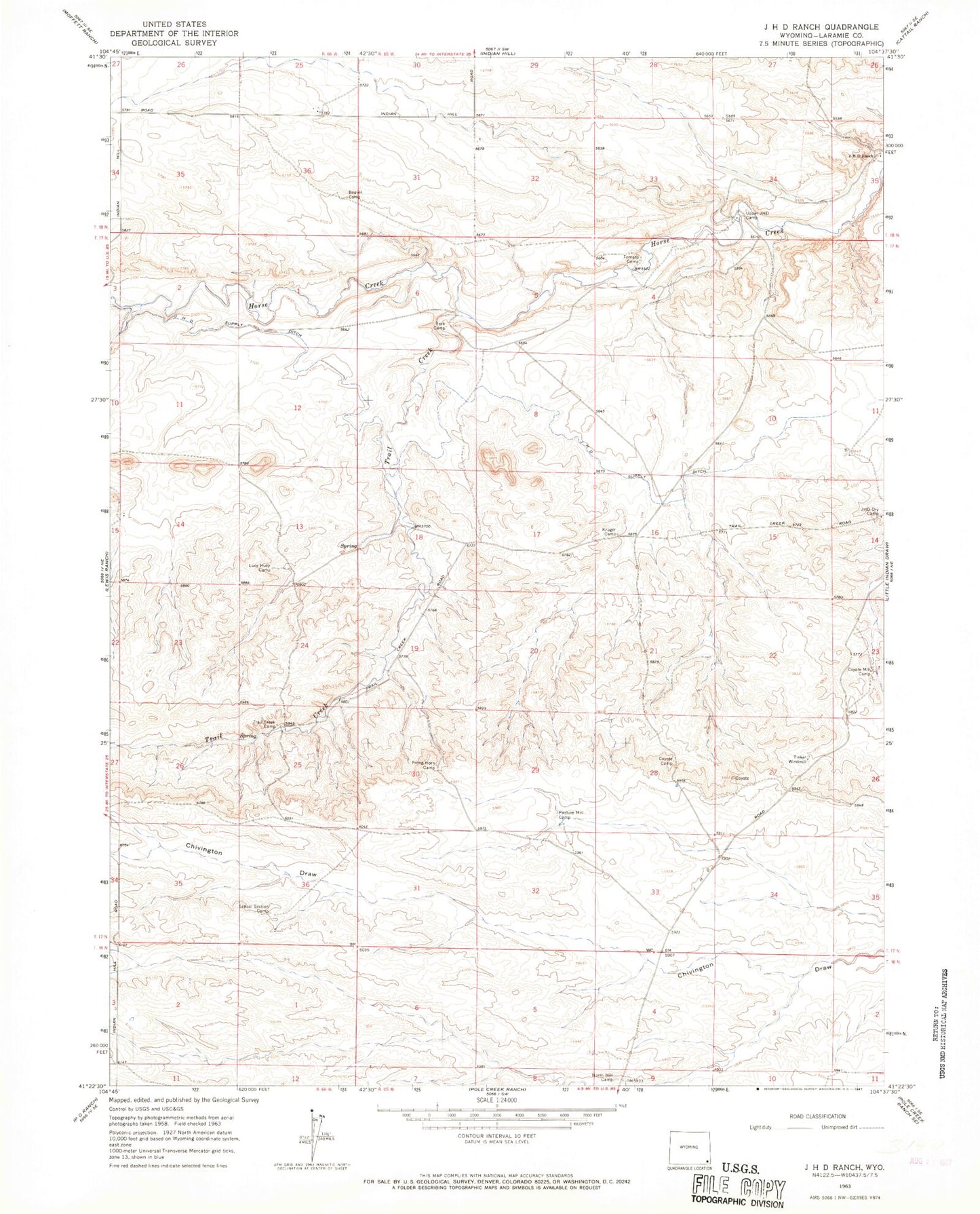 Classic USGS J H D Ranch Wyoming 7.5'x7.5' Topo Map Image