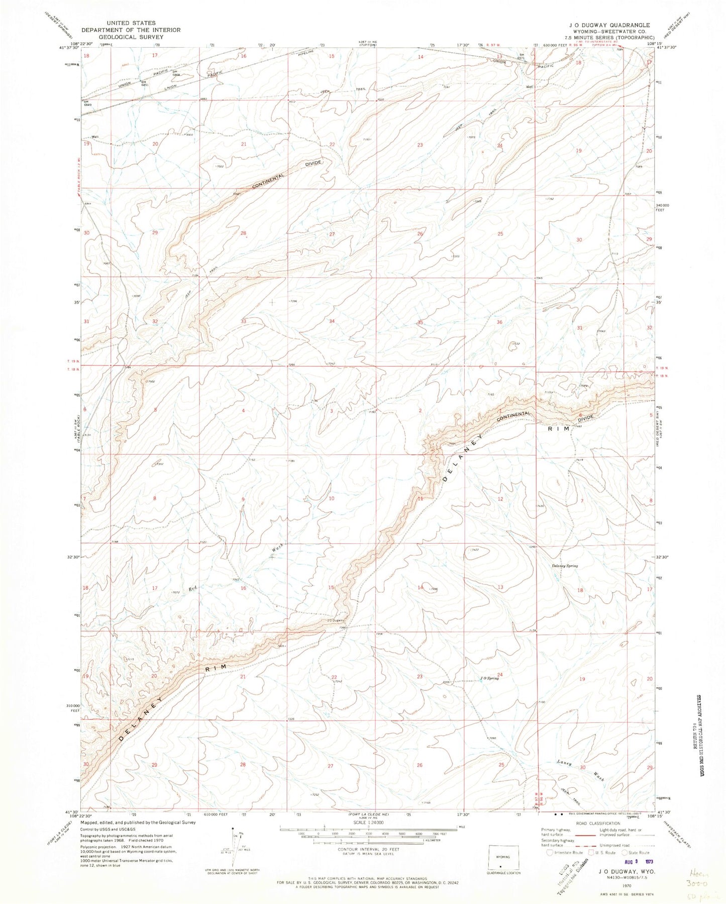 Classic USGS J O Dugway Wyoming 7.5'x7.5' Topo Map Image