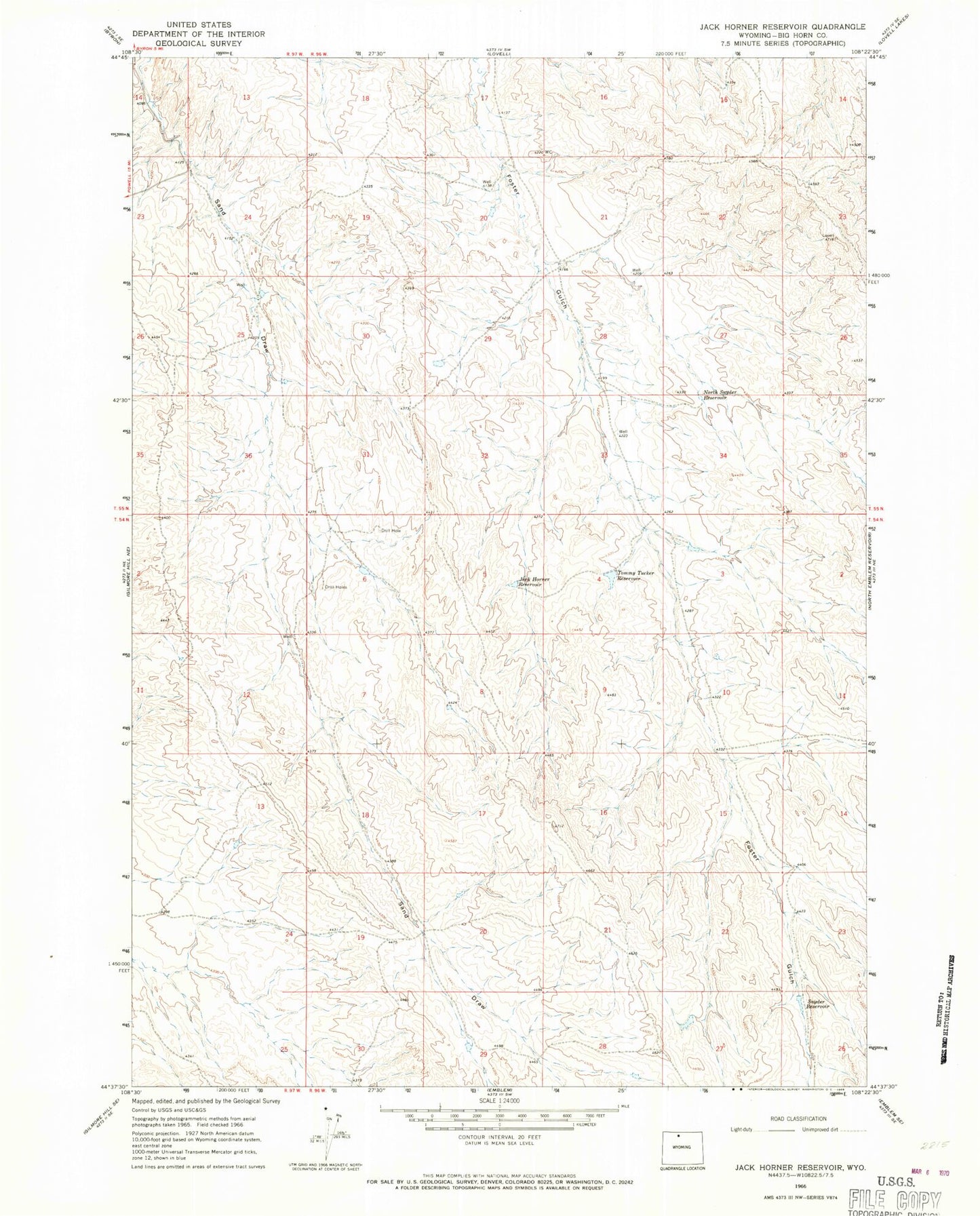 Classic USGS Jack Horner Reservoir Wyoming 7.5'x7.5' Topo Map Image
