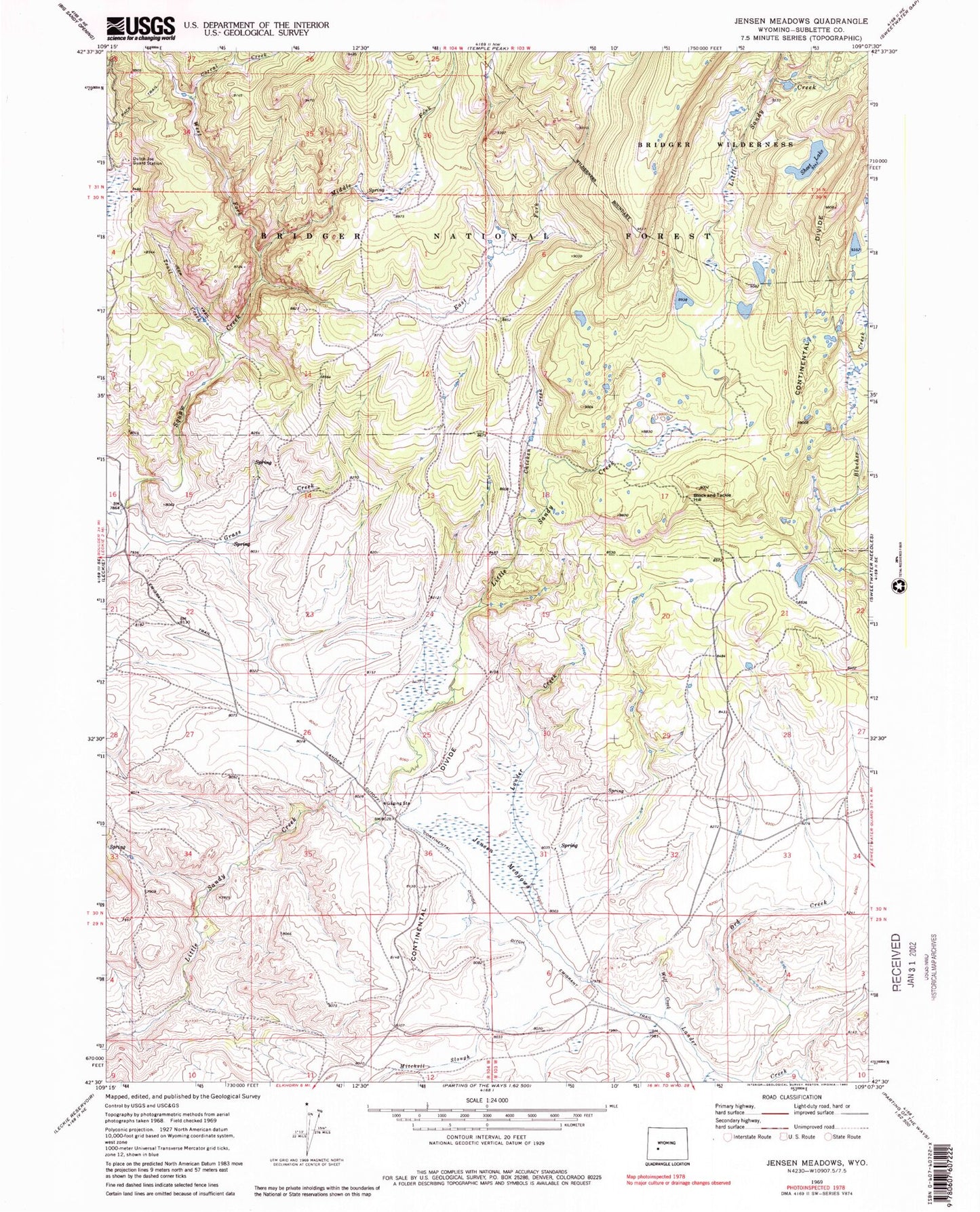 Classic USGS Jensen Meadows Wyoming 7.5'x7.5' Topo Map Image