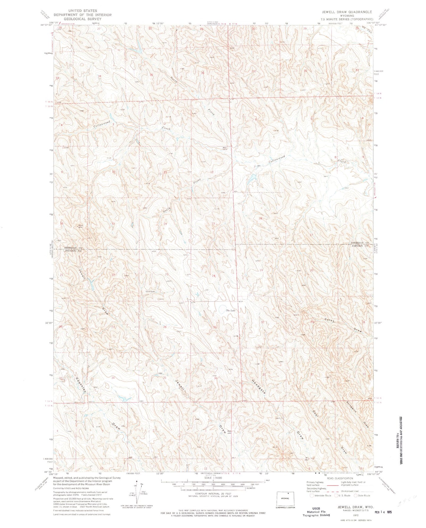 Classic USGS Jewell Draw Wyoming 7.5'x7.5' Topo Map Image