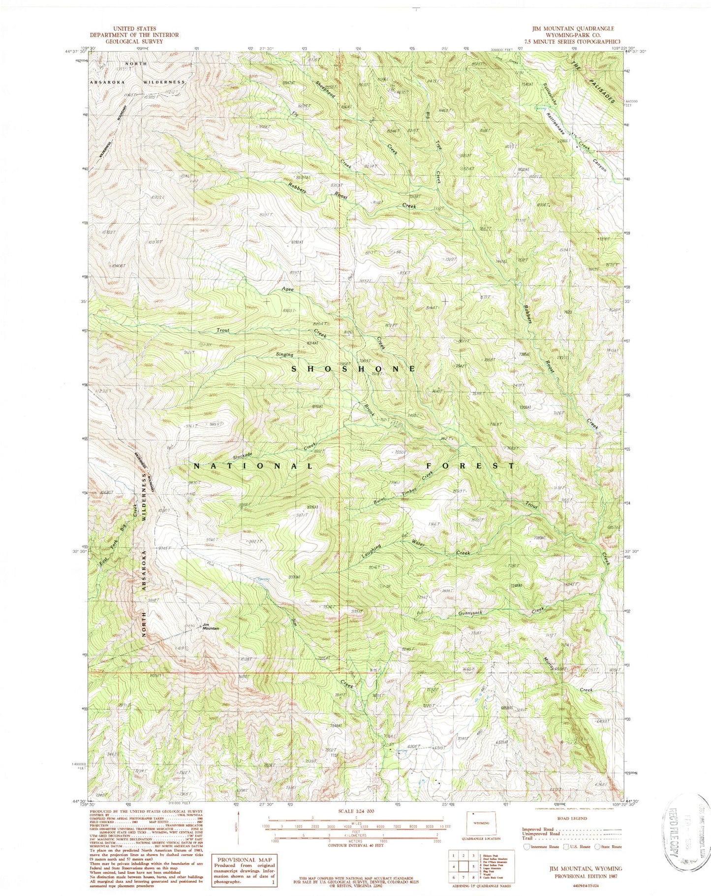 Classic USGS Jim Mountain Wyoming 7.5'x7.5' Topo Map Image