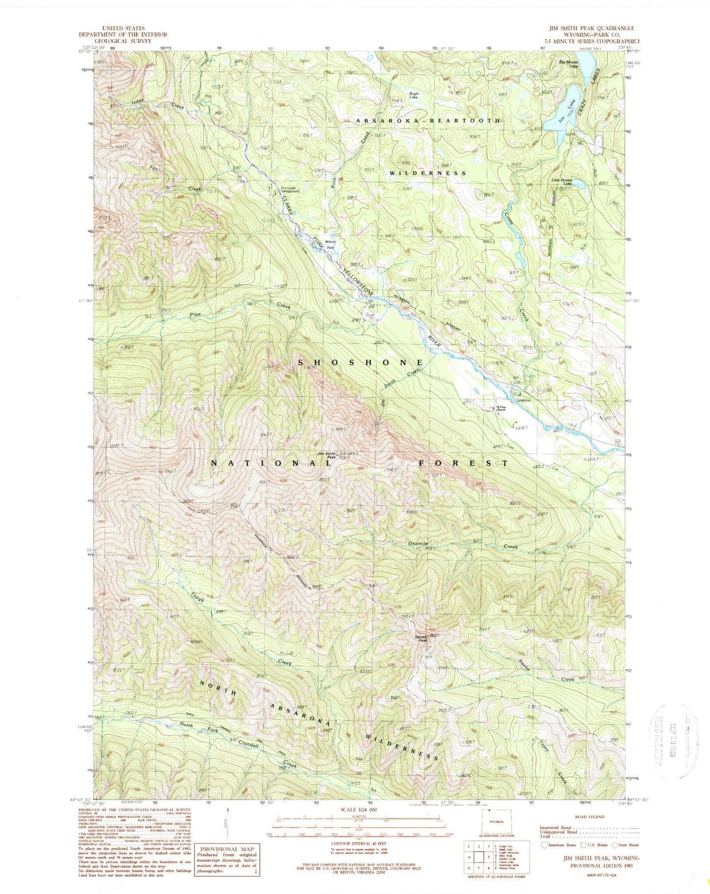 Classic USGS Jim Smith Peak Wyoming 7.5'x7.5' Topo Map Image