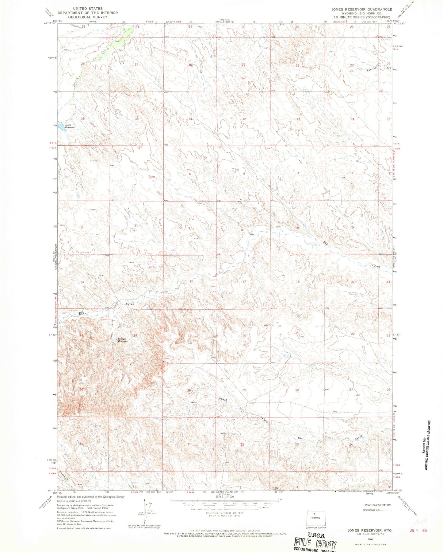 Classic USGS Jones Reservoir Wyoming 7.5'x7.5' Topo Map Image