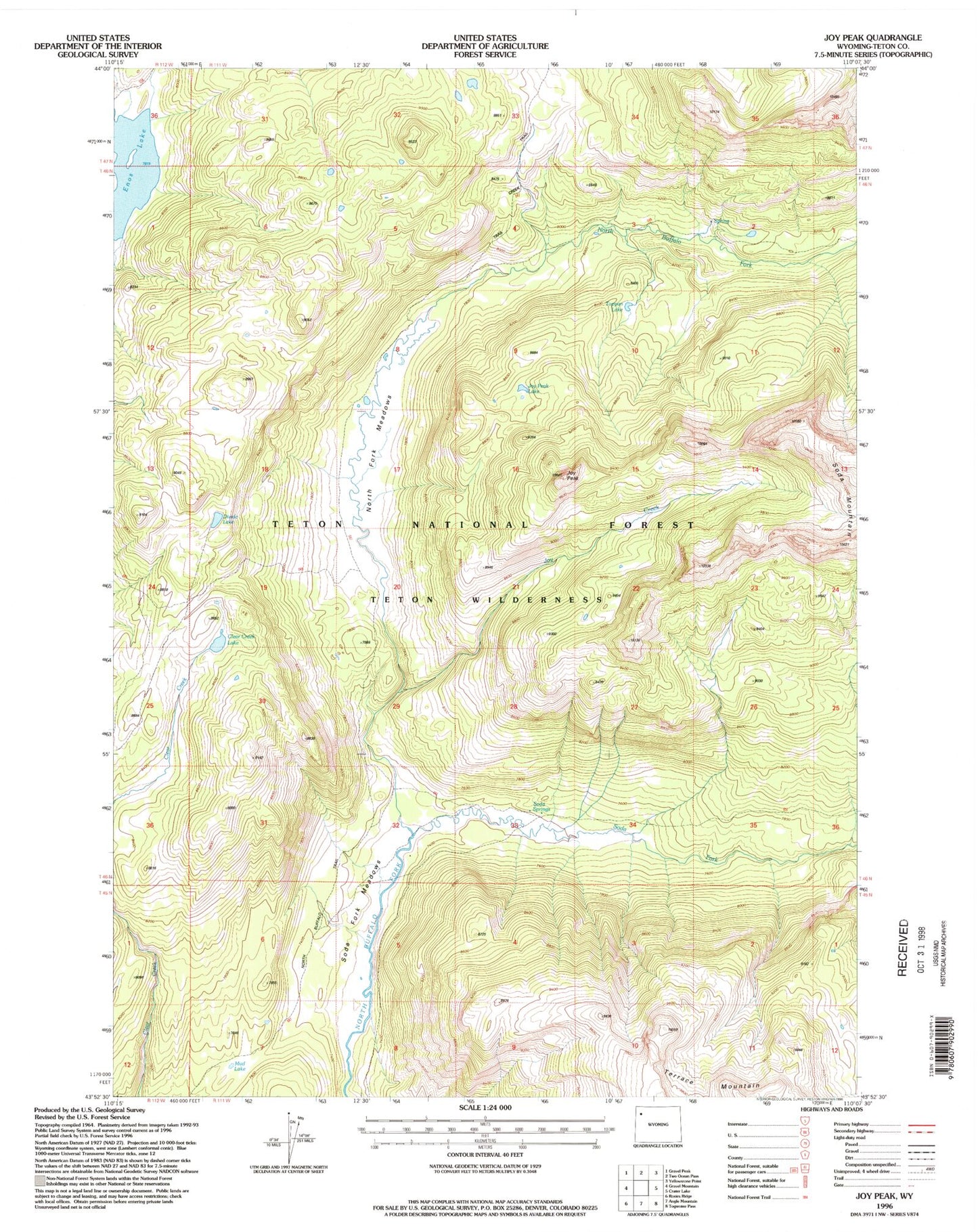 Classic USGS Joy Peak Wyoming 7.5'x7.5' Topo Map Image
