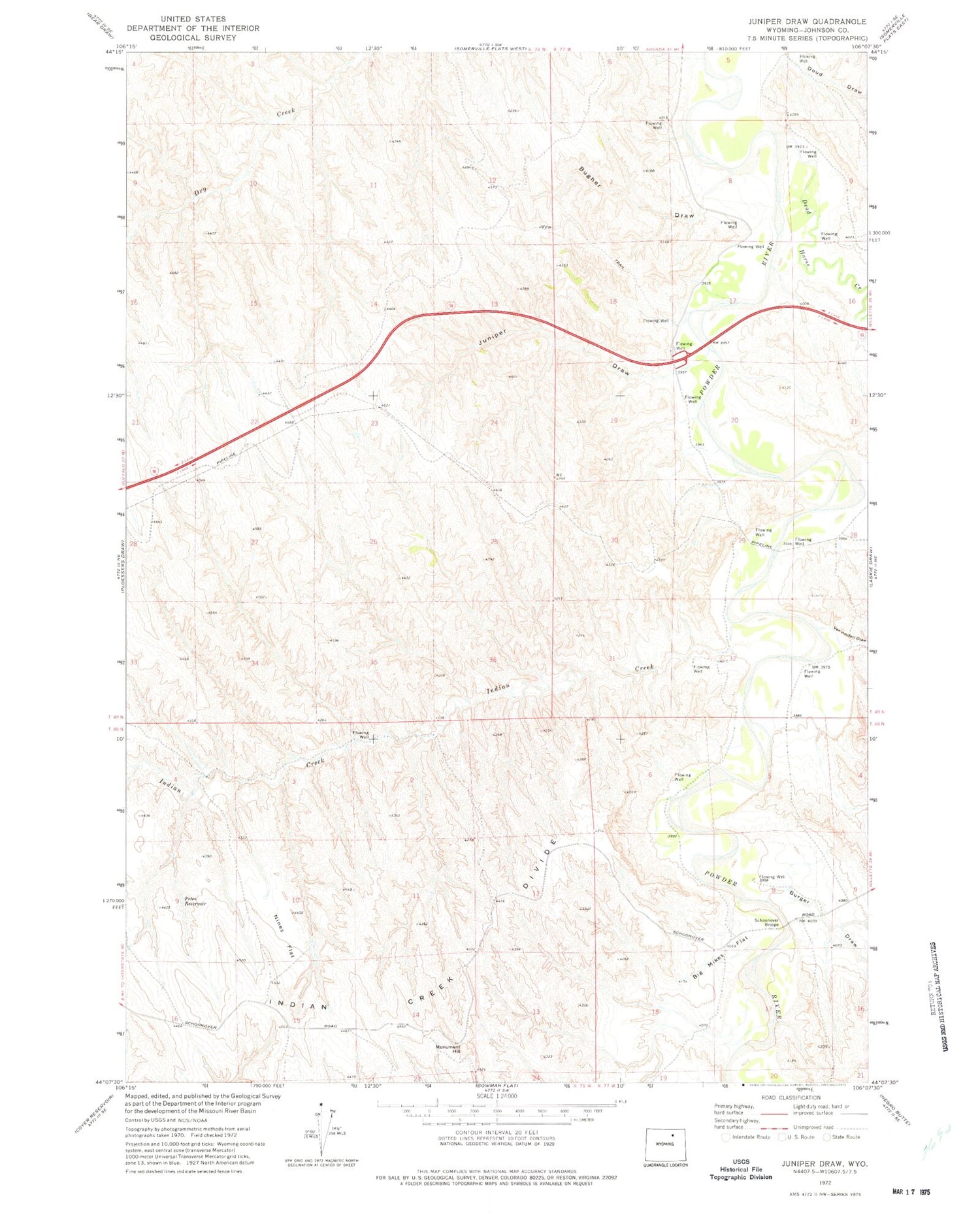 Classic USGS Juniper Draw Wyoming 7.5'x7.5' Topo Map Image