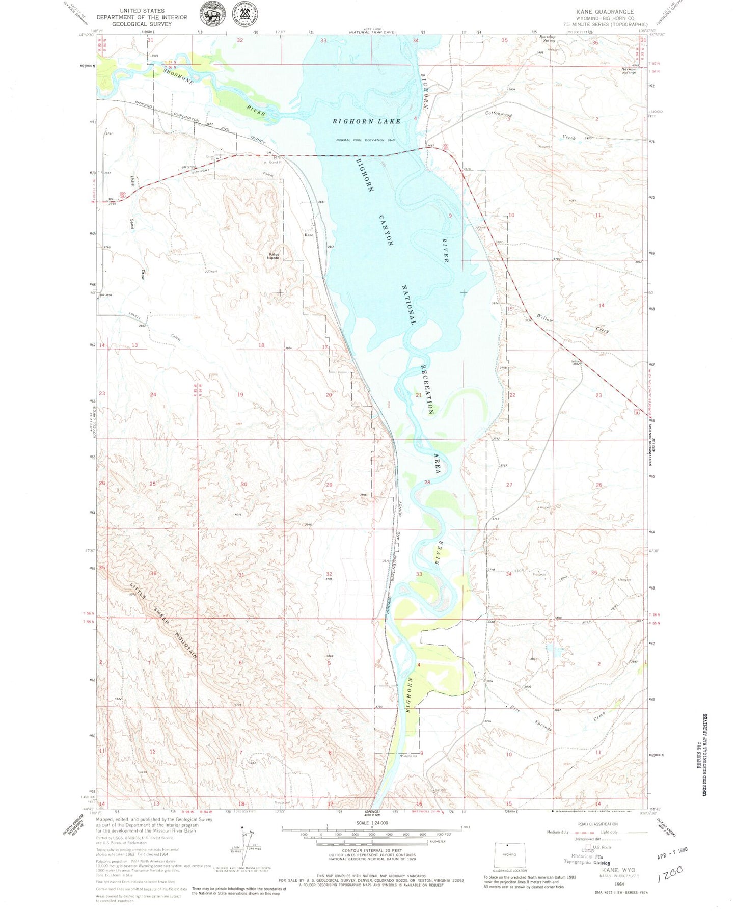 Classic USGS Kane Wyoming 7.5'x7.5' Topo Map Image