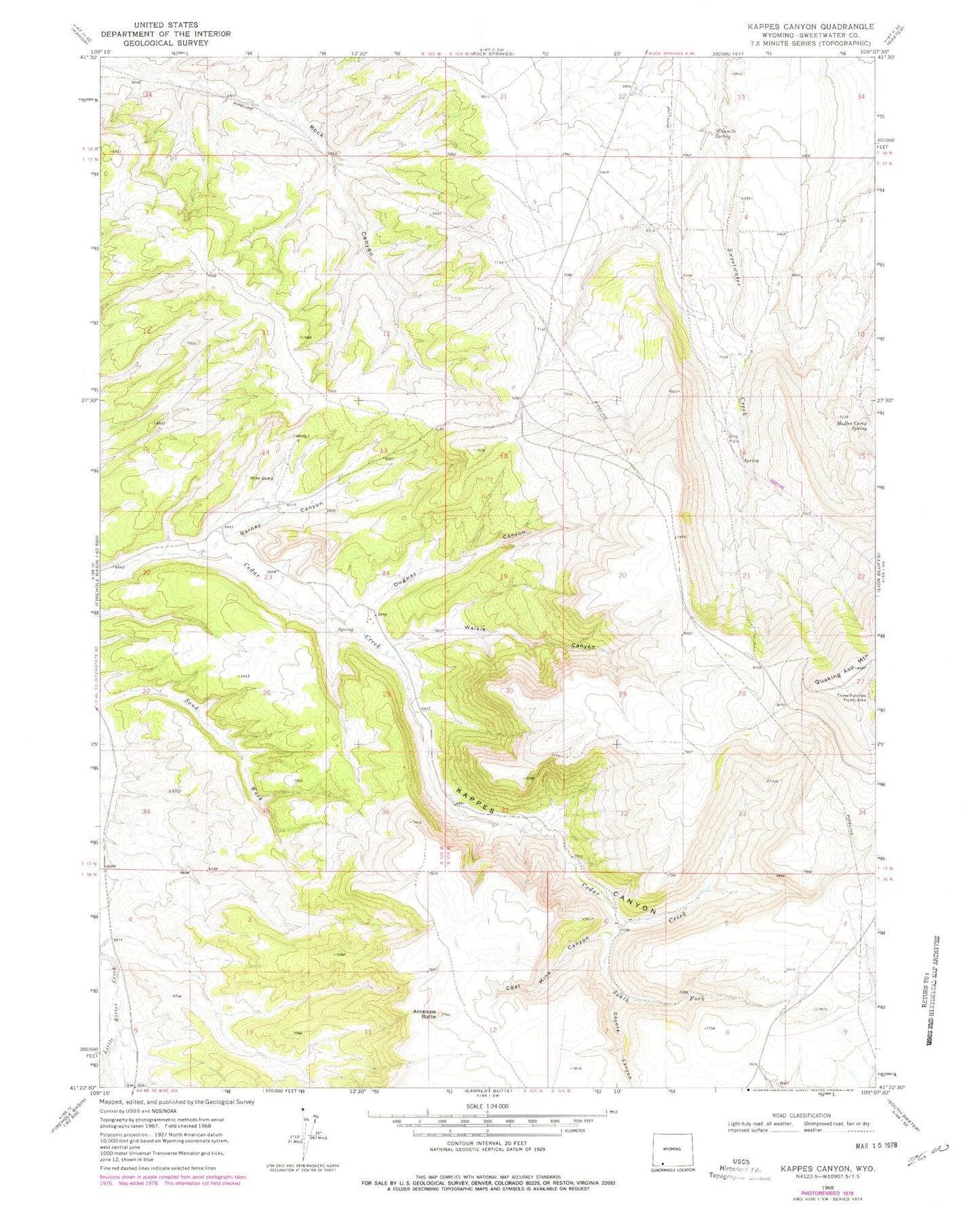Classic USGS Kappes Canyon Wyoming 7.5'x7.5' Topo Map Image