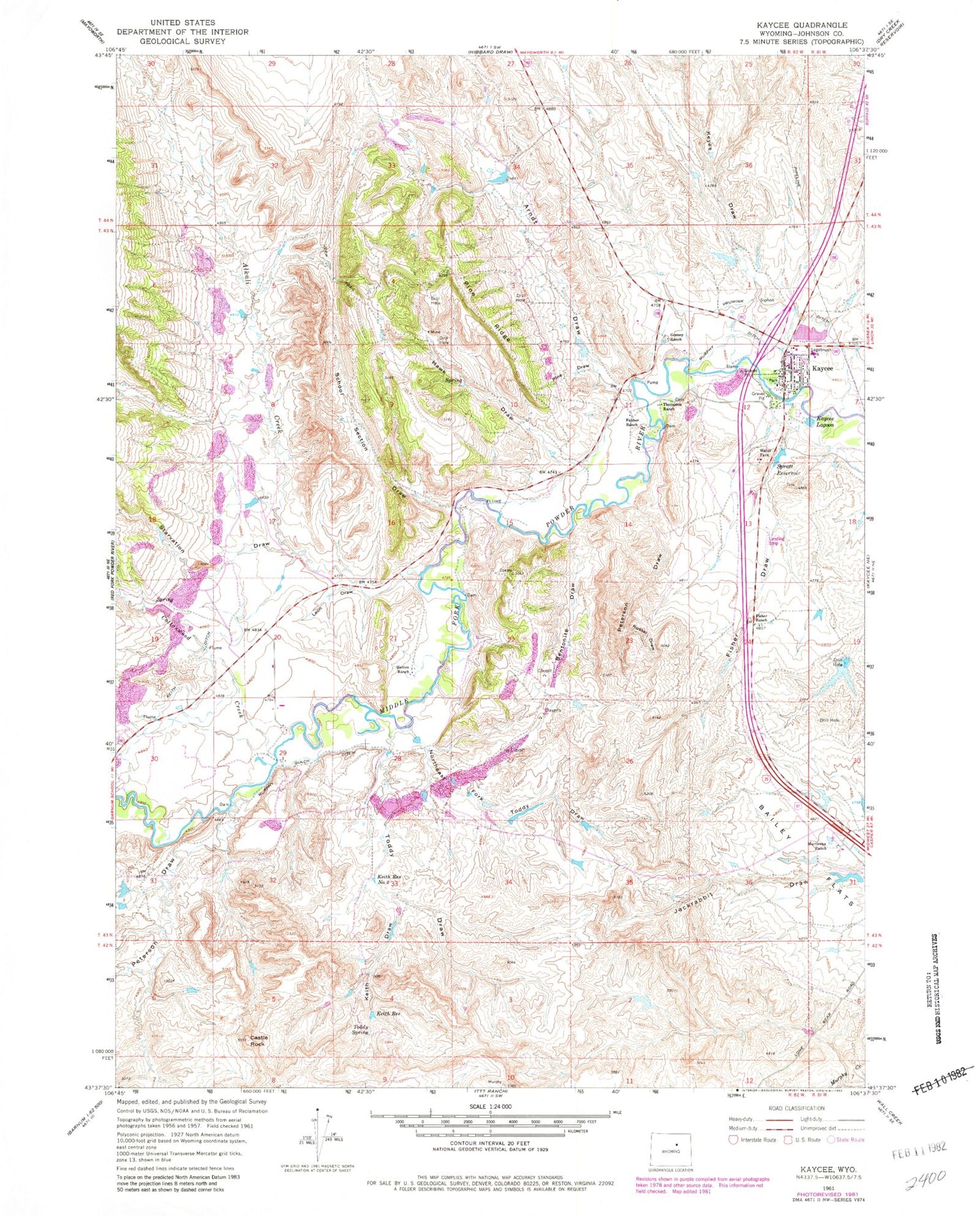 Classic USGS Kaycee Wyoming 7.5'x7.5' Topo Map Image