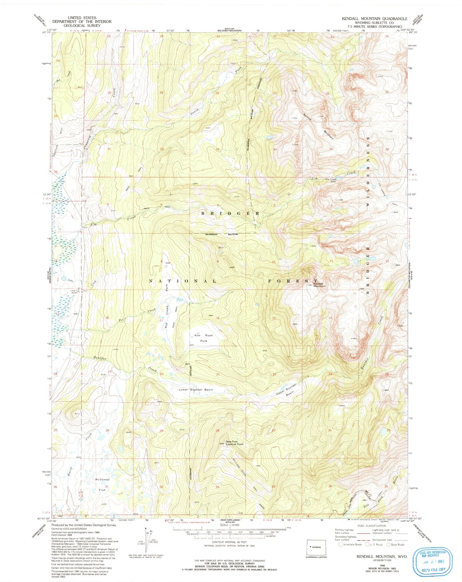 Classic USGS Kendall Mountain Wyoming 7.5'x7.5' Topo Map Image