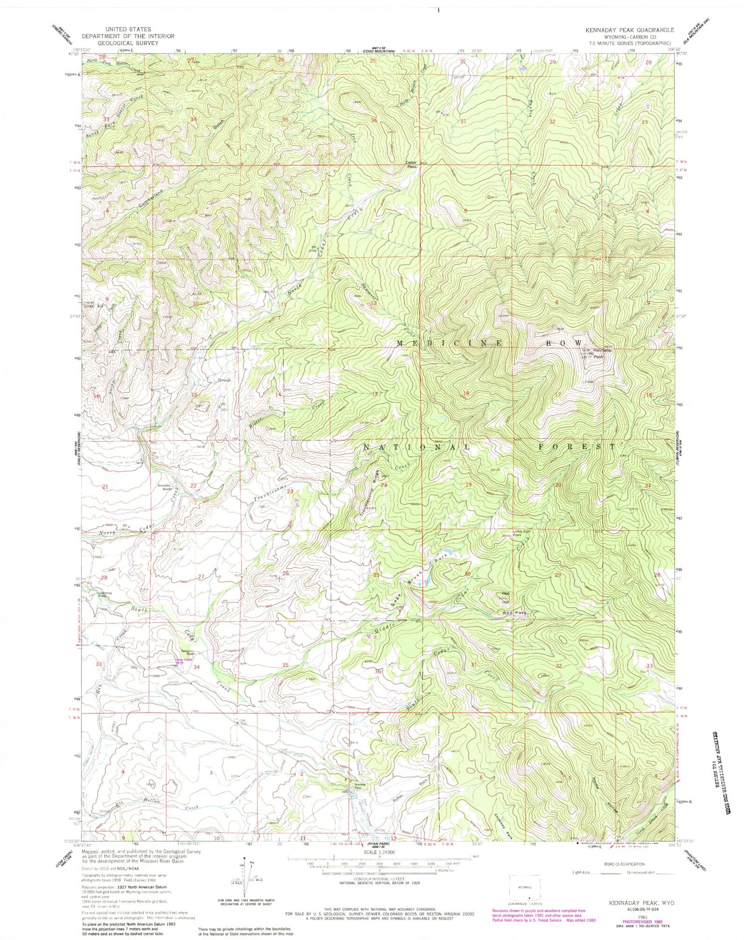 Classic USGS Kennaday Peak Wyoming 7.5'x7.5' Topo Map Image