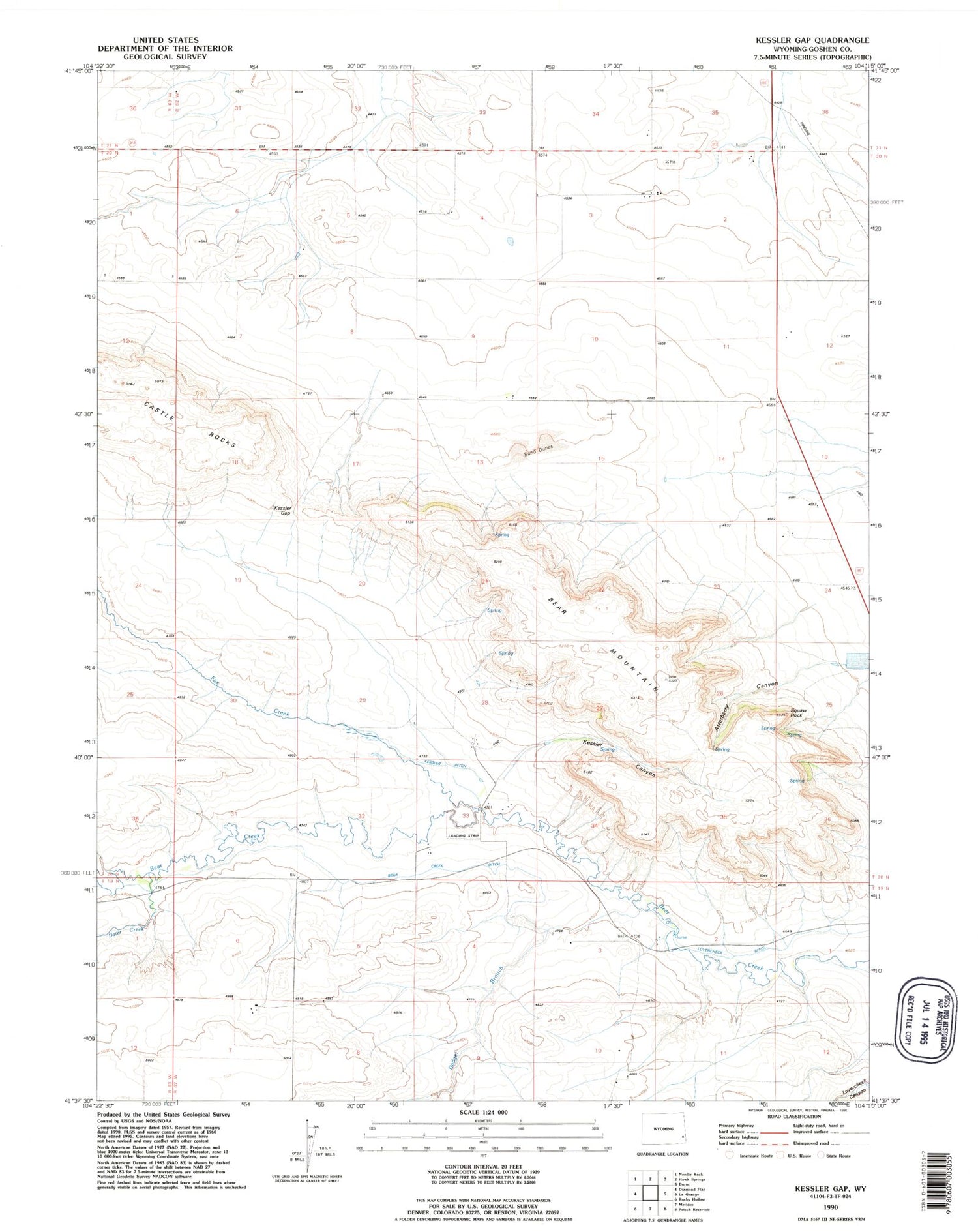 Classic USGS Kessler Gap Wyoming 7.5'x7.5' Topo Map Image
