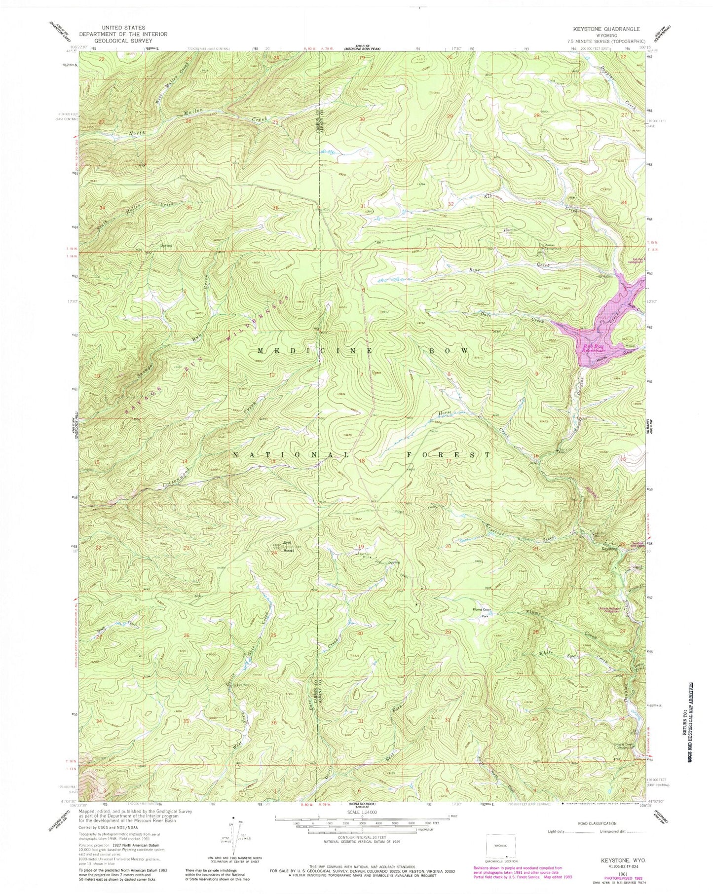 Classic USGS Keystone Wyoming 7.5'x7.5' Topo Map Image