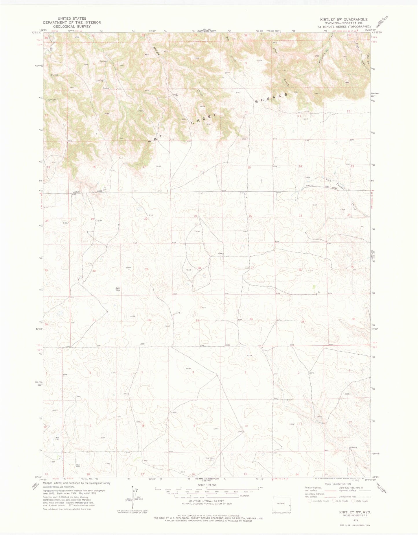Classic USGS Kirtley SW Wyoming 7.5'x7.5' Topo Map Image