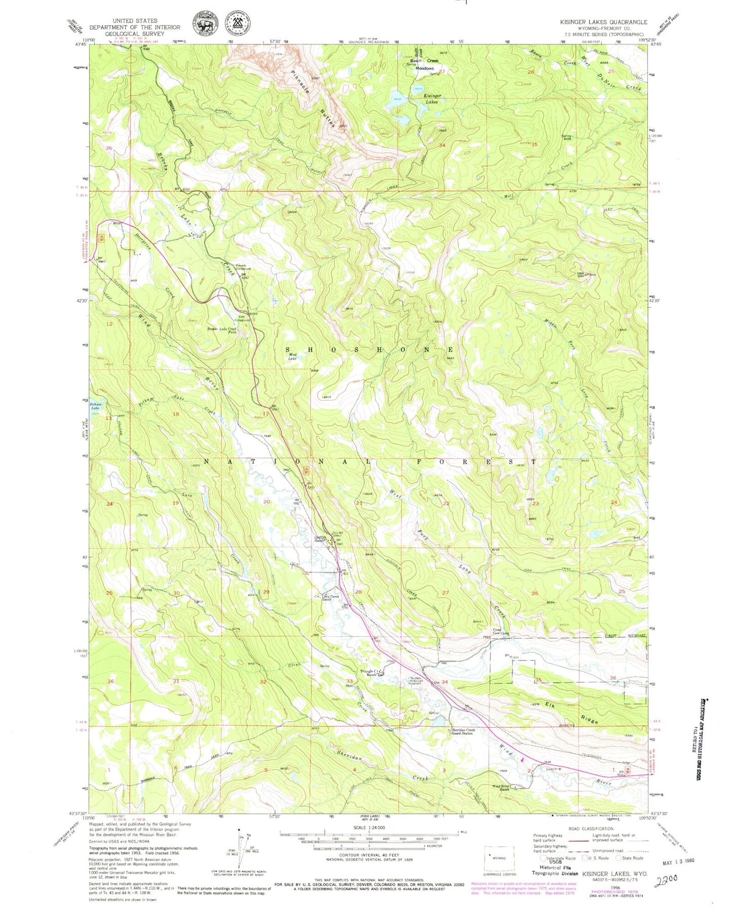 Classic USGS Kisinger Lakes Wyoming 7.5'x7.5' Topo Map Image