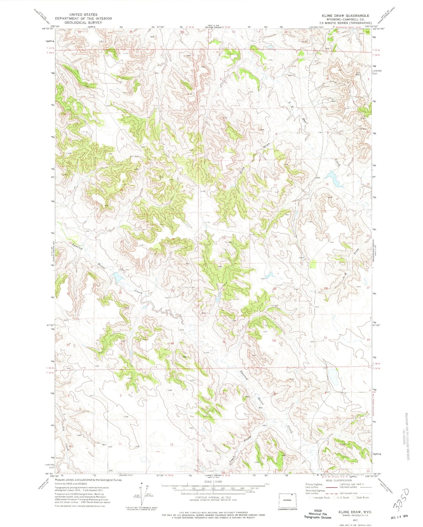 Classic USGS Kline Draw Wyoming 7.5'x7.5' Topo Map Image