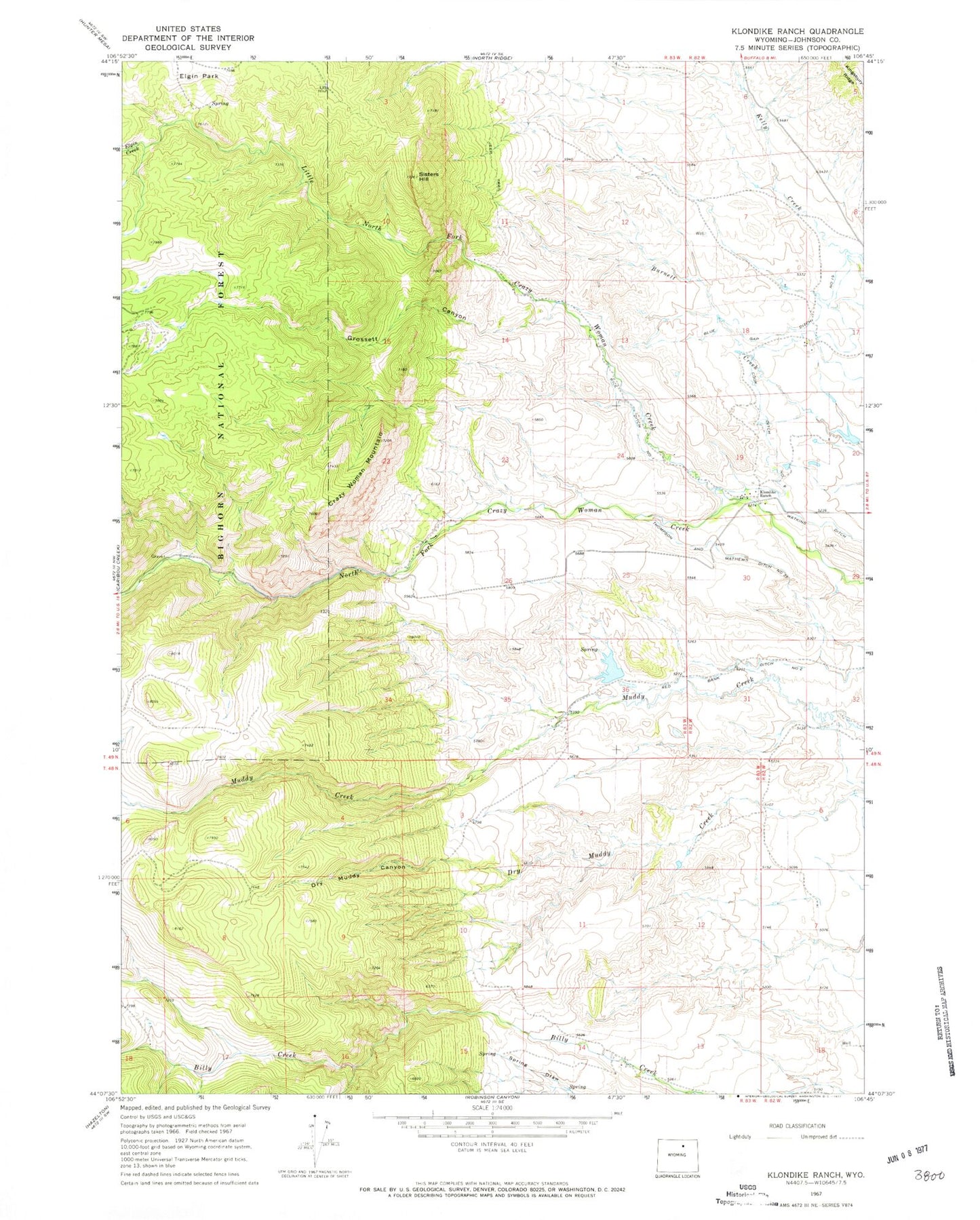 Classic USGS Klondike Ranch Wyoming 7.5'x7.5' Topo Map Image
