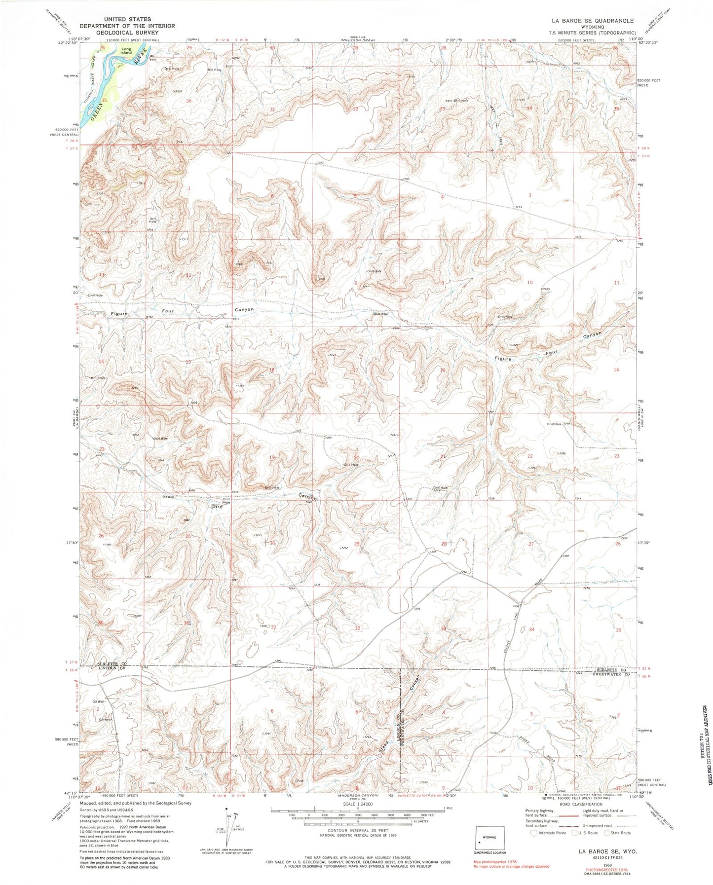 Classic USGS La Barge SE Wyoming 7.5'x7.5' Topo Map Image