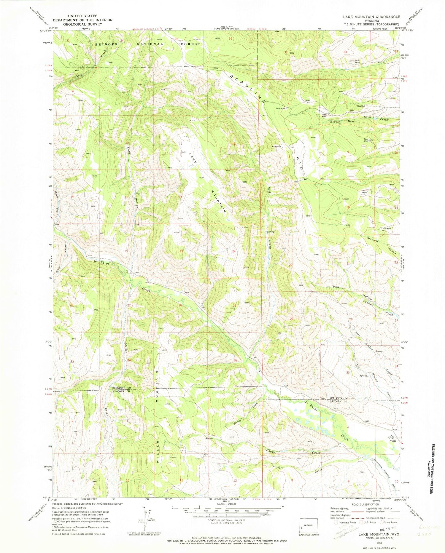 Classic USGS Lake Mountain Wyoming 7.5'x7.5' Topo Map Image
