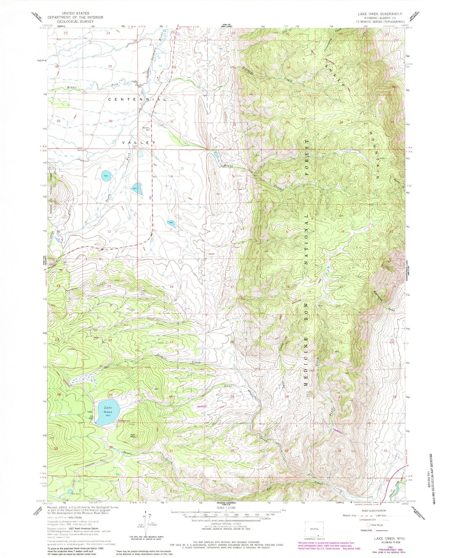 Classic USGS Lake Owen Wyoming 7.5'x7.5' Topo Map Image