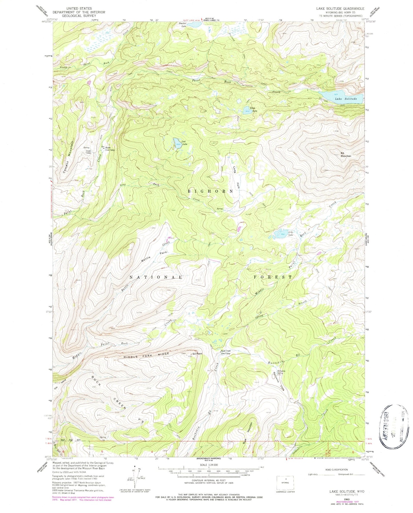 Classic USGS Lake Solitude Wyoming 7.5'x7.5' Topo Map Image