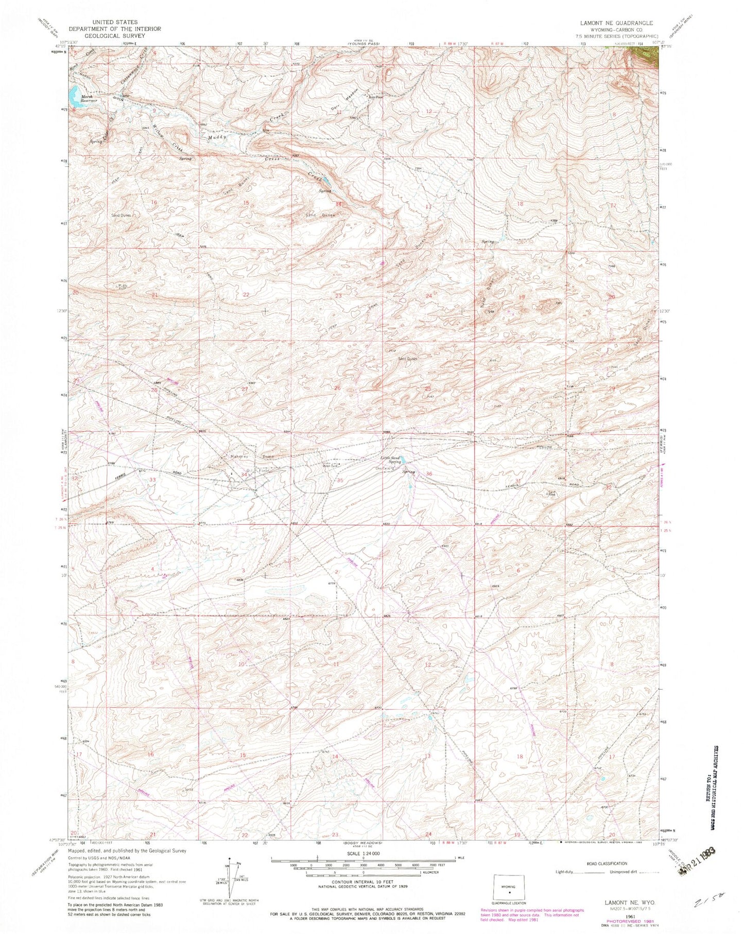 Classic USGS Lamont NE Wyoming 7.5'x7.5' Topo Map Image