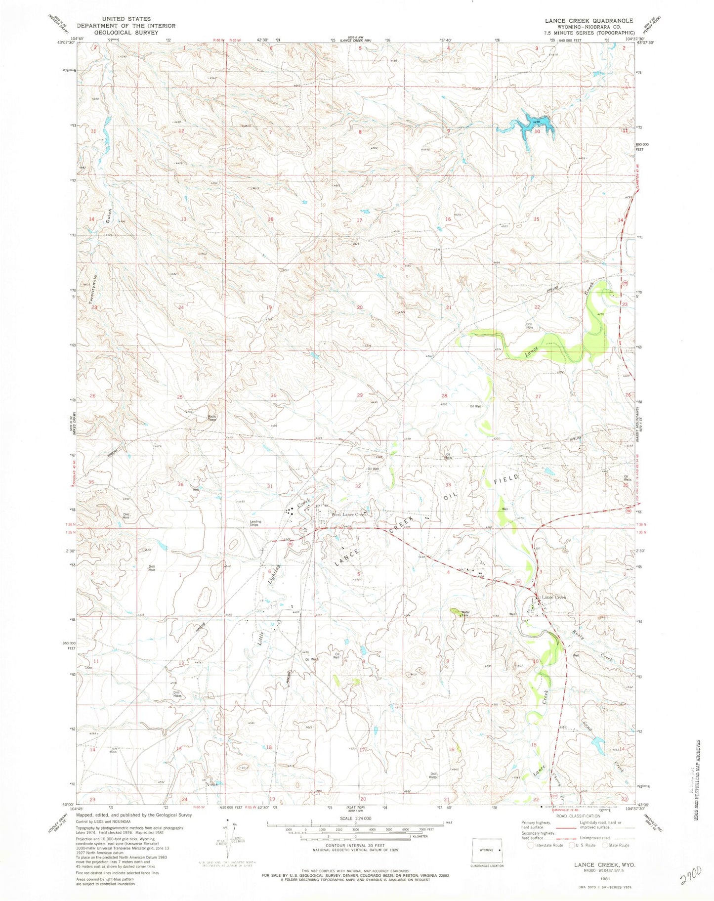 Classic USGS Lance Creek Wyoming 7.5'x7.5' Topo Map Image