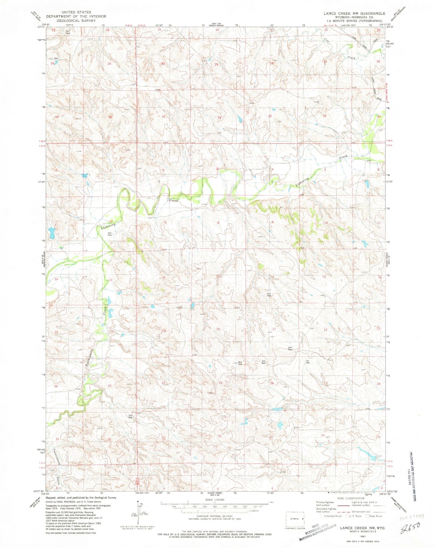 Classic USGS Lance Creek NW Wyoming 7.5'x7.5' Topo Map Image