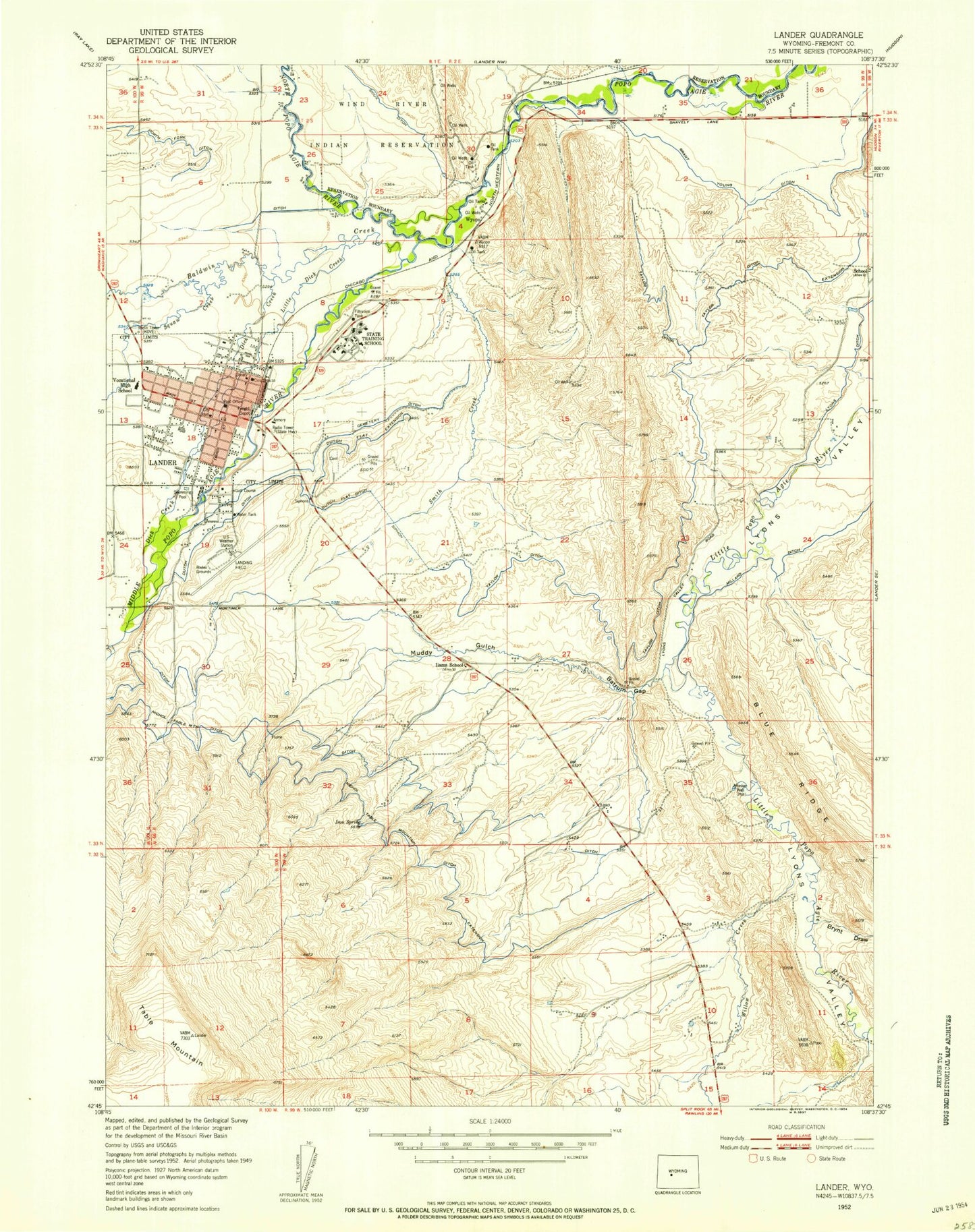 Classic USGS Lander Wyoming 7.5'x7.5' Topo Map Image