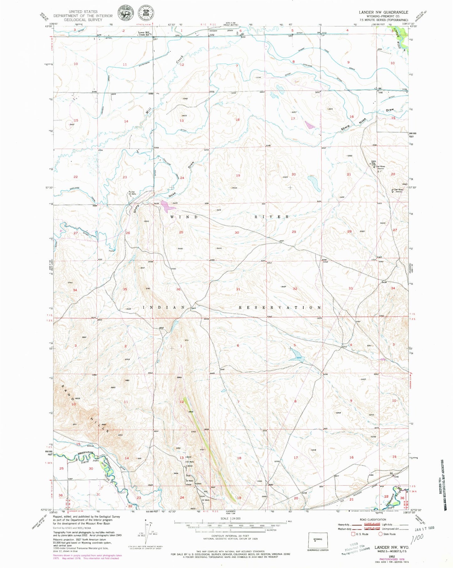 Classic USGS Lander NW Wyoming 7.5'x7.5' Topo Map Image