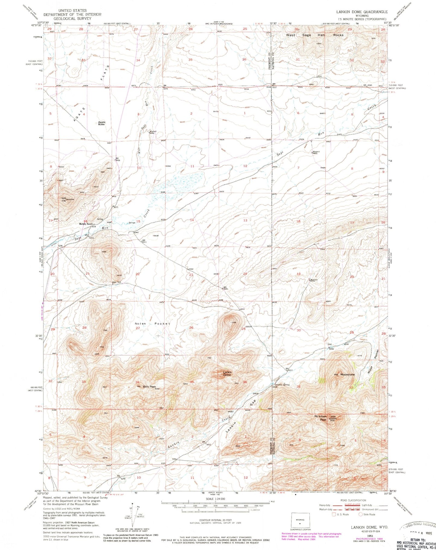 Classic USGS Lankin Dome Wyoming 7.5'x7.5' Topo Map Image