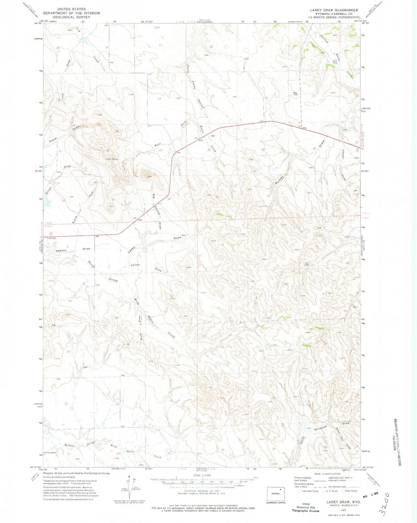 Classic USGS Larey Draw Wyoming 7.5'x7.5' Topo Map Image