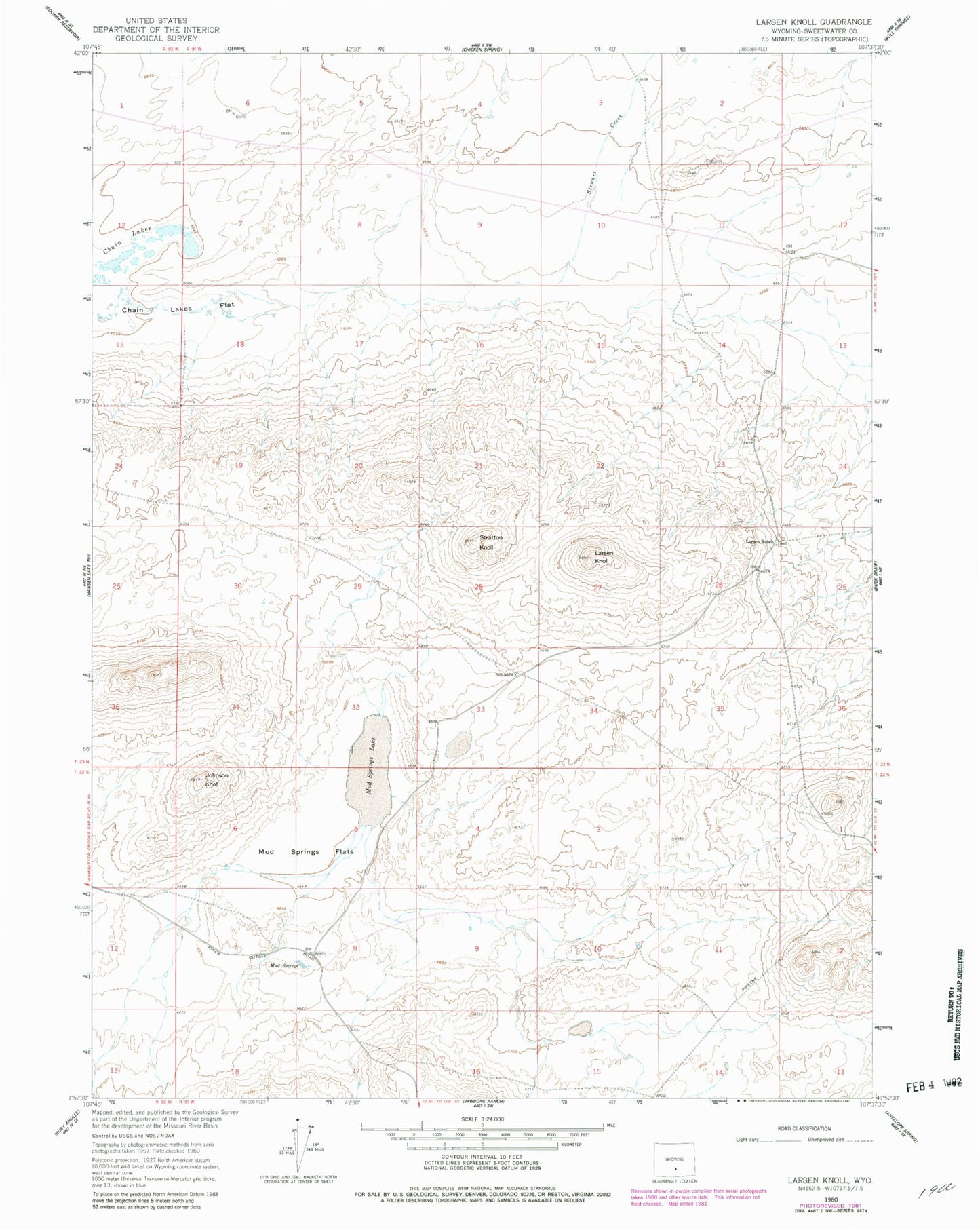Classic USGS Larsen Knoll Wyoming 7.5'x7.5' Topo Map Image
