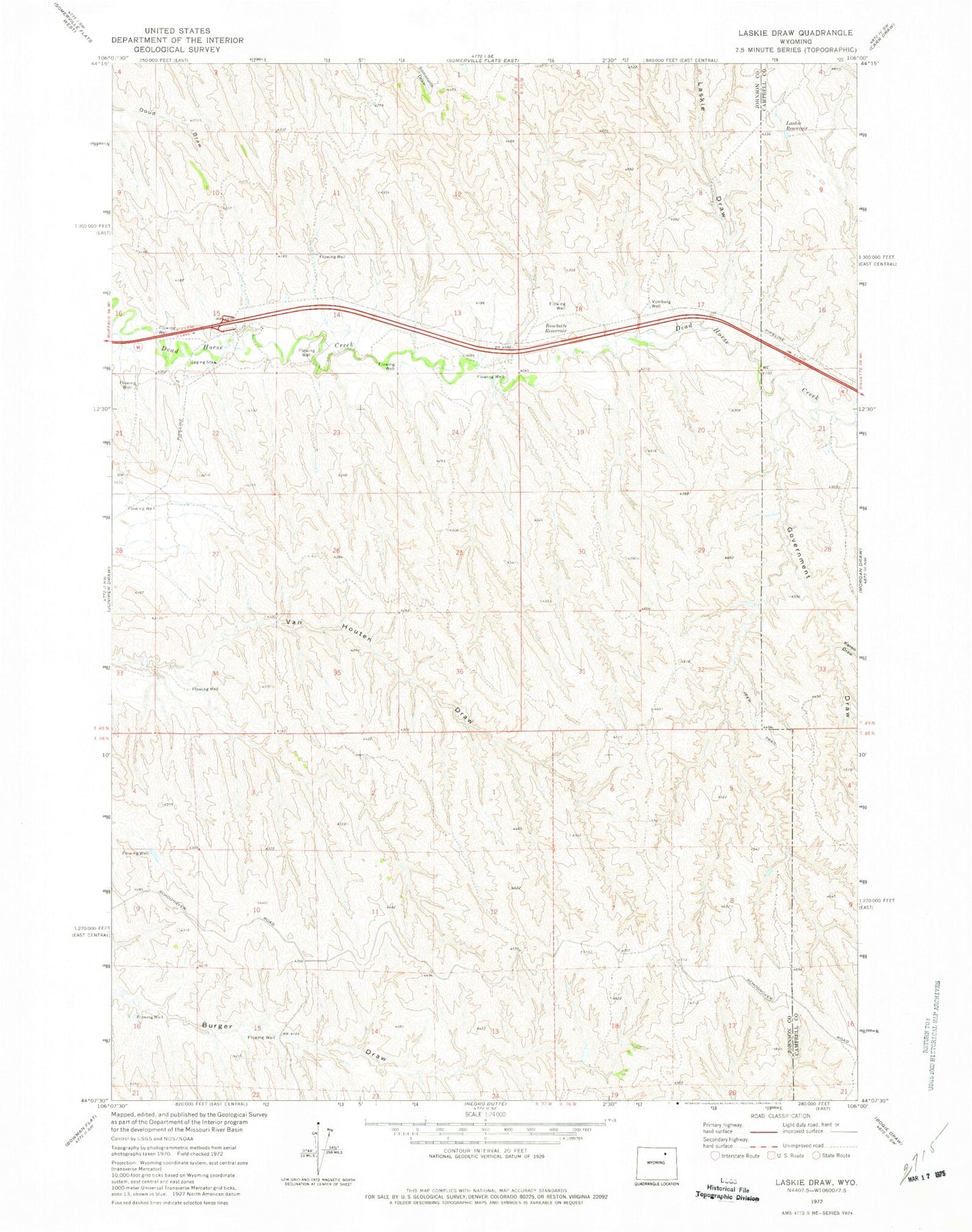 Classic USGS Laskie Draw Wyoming 7.5'x7.5' Topo Map Image