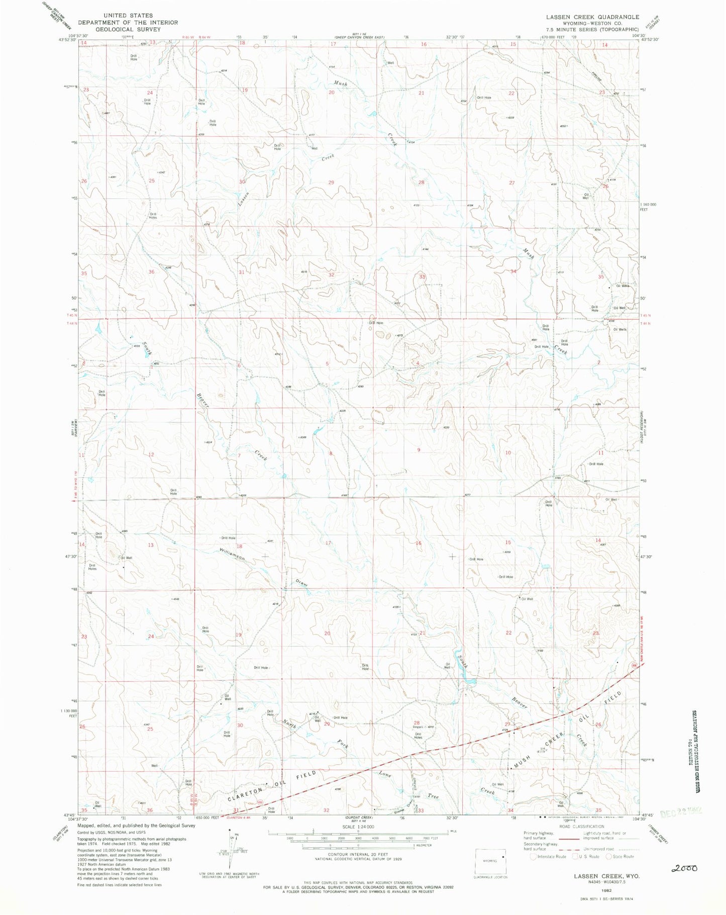 Classic USGS Lassen Creek Wyoming 7.5'x7.5' Topo Map Image