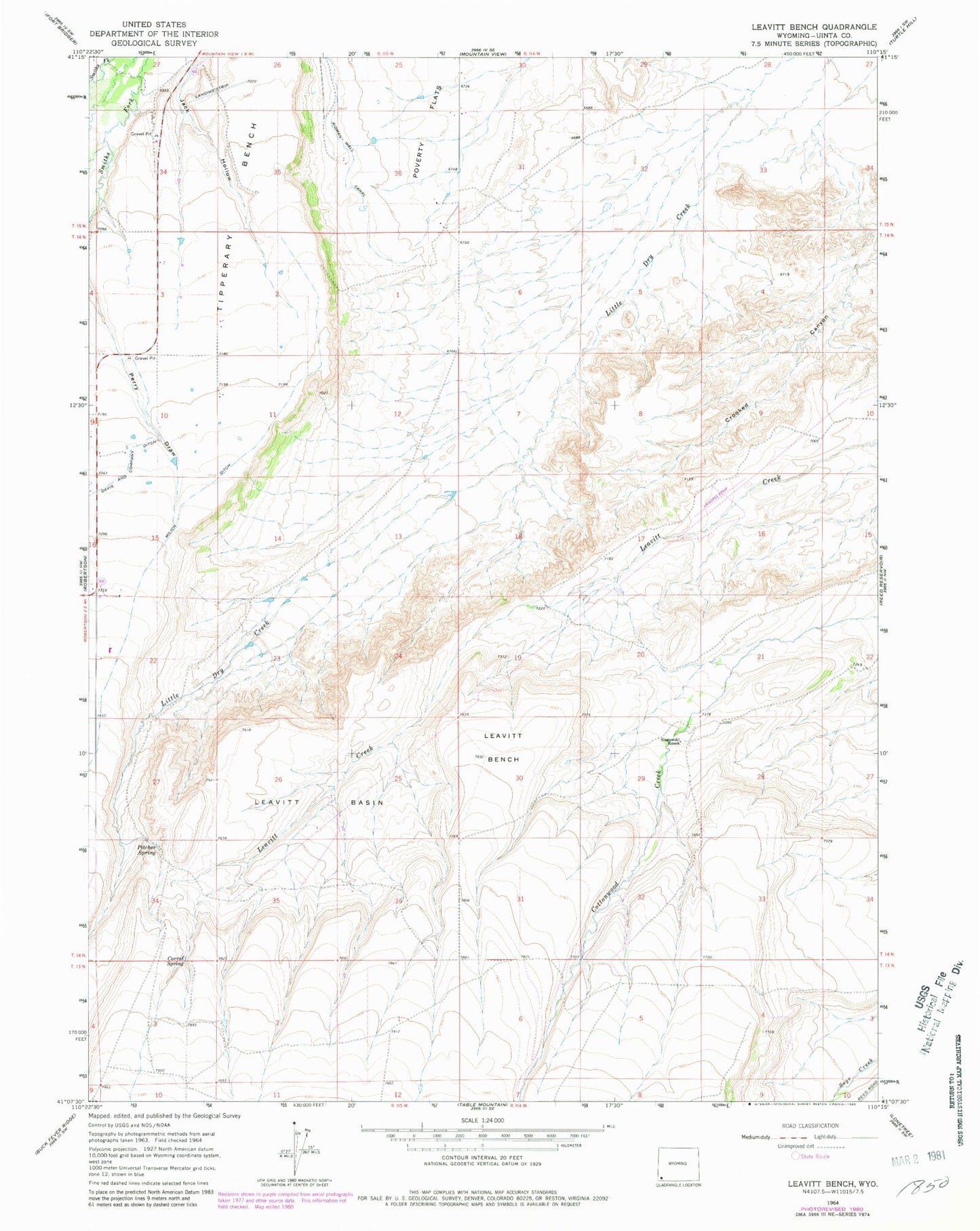 Classic USGS Leavitt Bench Wyoming 7.5'x7.5' Topo Map Image