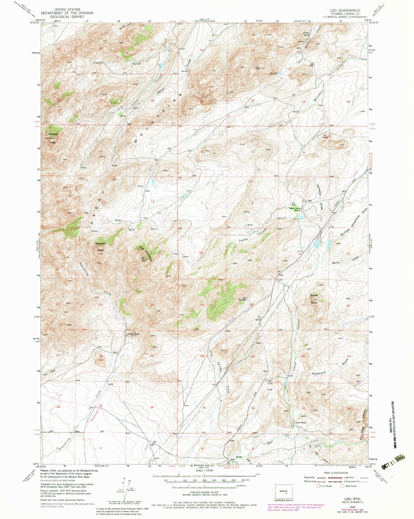 Classic USGS Leo Wyoming 7.5'x7.5' Topo Map Image