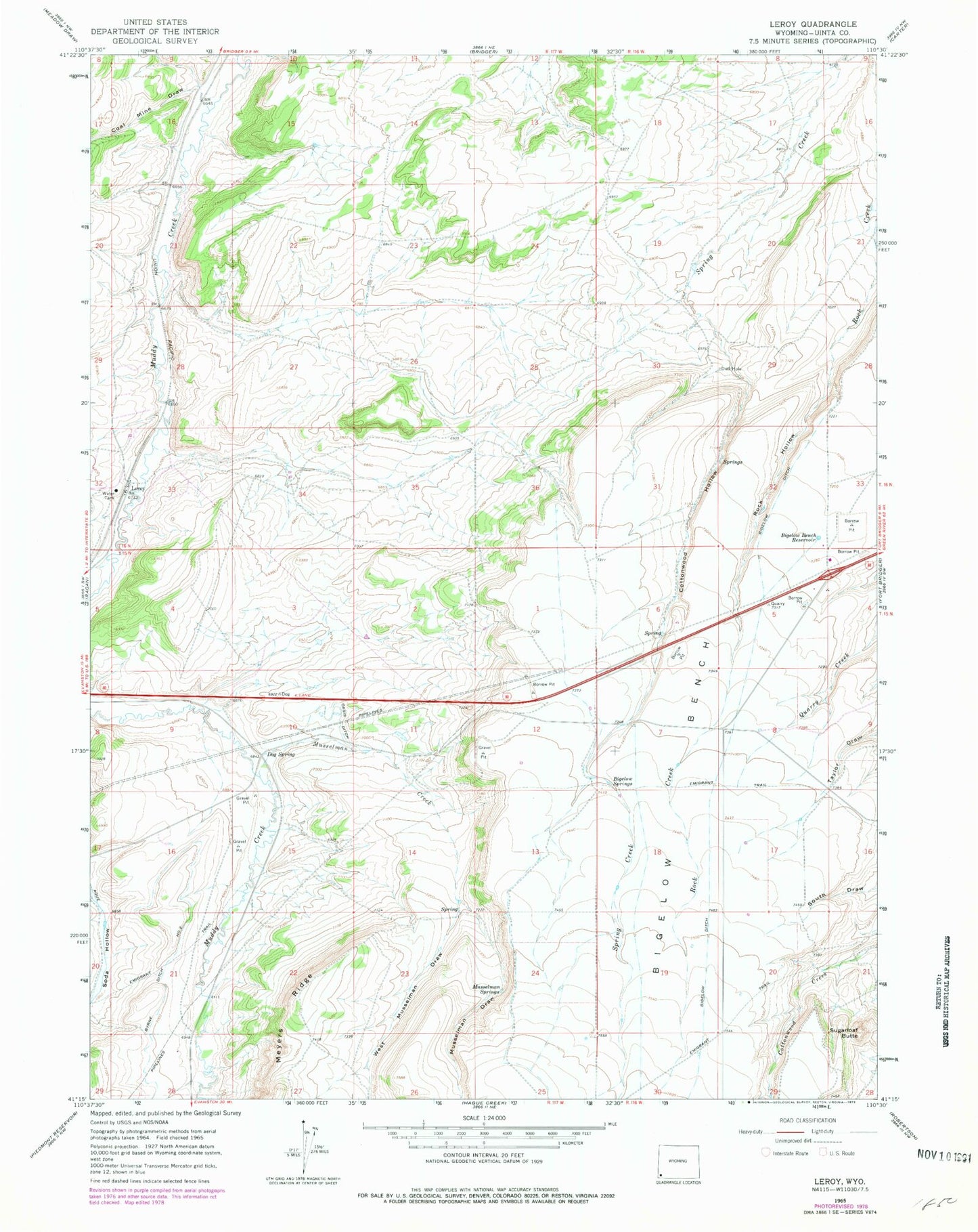 Classic USGS Leroy Wyoming 7.5'x7.5' Topo Map Image